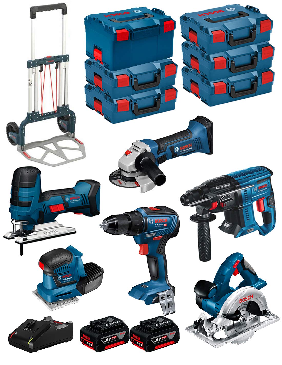 BOSCH Kit 18V BK601 (GST 18 V-​LI S + GKS 18 V-​LI + GSS 18V-​10 + GSR 18V-​55 + GBH 18V-​21 + GWS 18-​125 V-​LI + 2 Baterías de 4,​0 Ah + Cargador + 5 x L-​Boxx 136 + L-​Box 238 + Carro)