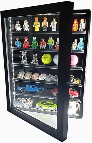 Proud Oak Vitrina con luz LED para coleccionables, caja de sombra montada en la pared con estantes, moneda de desafío, cuchillo, medalla, moneda