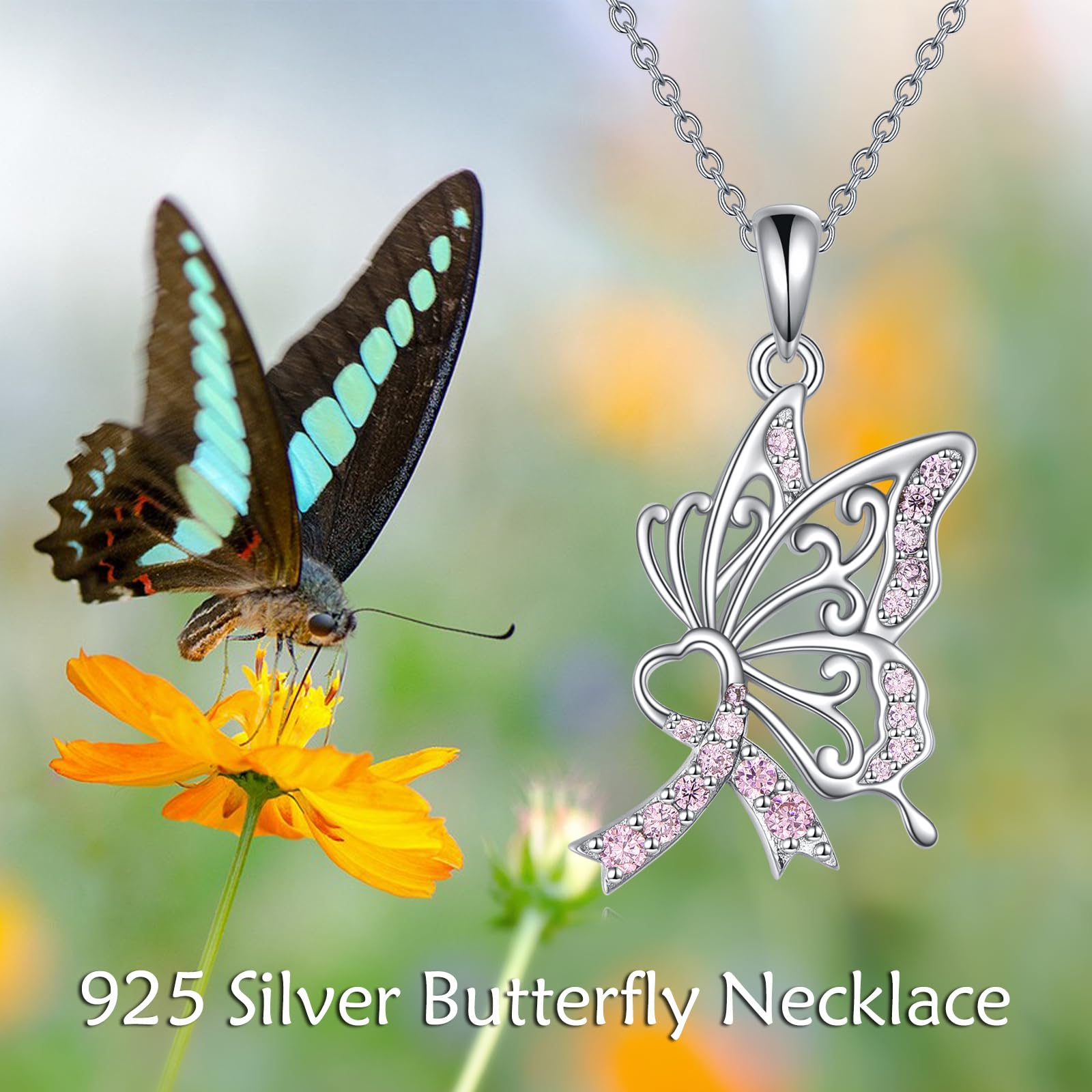 YAFEINI Brustkrebs Bewusstsein Kette 925 Sterling Silber Krebs Überlebenden Schmuck Geschenk für Damen Rosa Schmetterling Schleife Anhänger Halskette