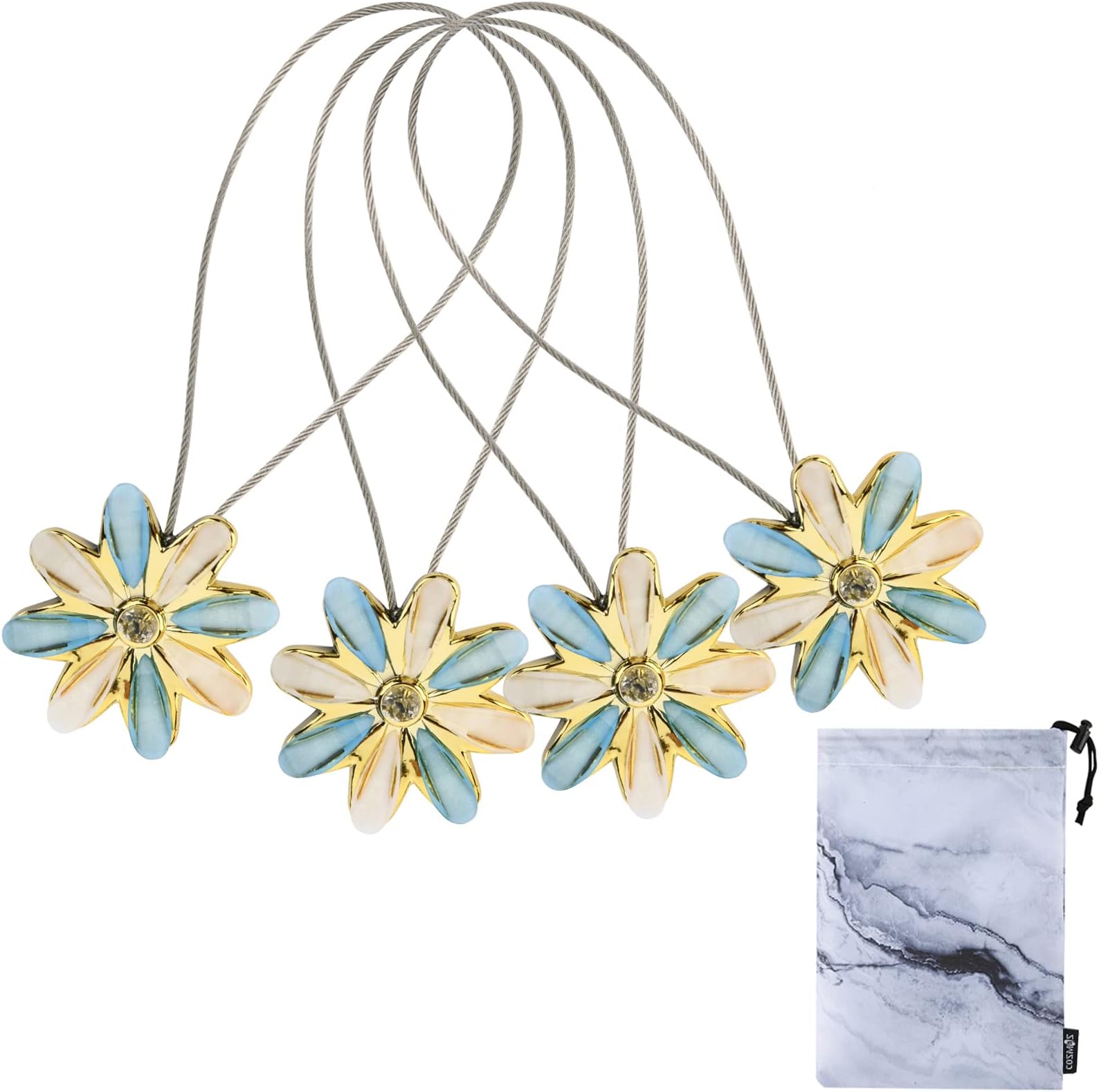 Cosmos 2 Pairs Curtain Tiebacks Flower Curtain Clips Decorative Drapery Holdbacks with 1 Pc Marble Pattern Storage Bag