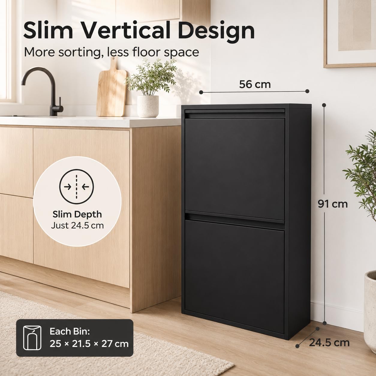 Sistema di raccolta differenziata con 4 contenitori da 15 l, pattumiera da cucina con armadio (nero) | 56 x 24,5 x 91 cm, acciaio laminato a freddo, 4 contenitori da 15 l, montaggio a parete, per cucina, ufficio, commercio