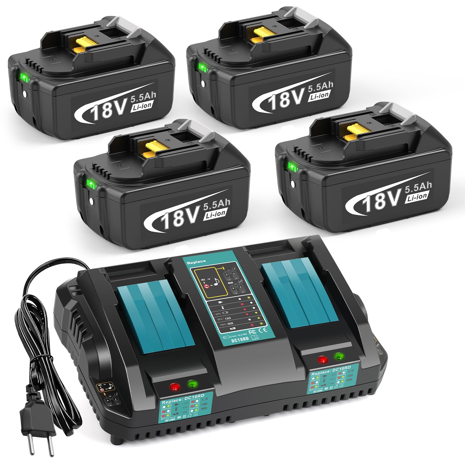4 Stück 5.5Ah Akku und 2 Ports Ladegerät für Makita LXT, ASUNCELL 18V DC18RC Schnellladegerät Set Kompatibel mit Allen Makita 14.4V-18V Akkus BL1815 BL1830 BL1850 BL1430