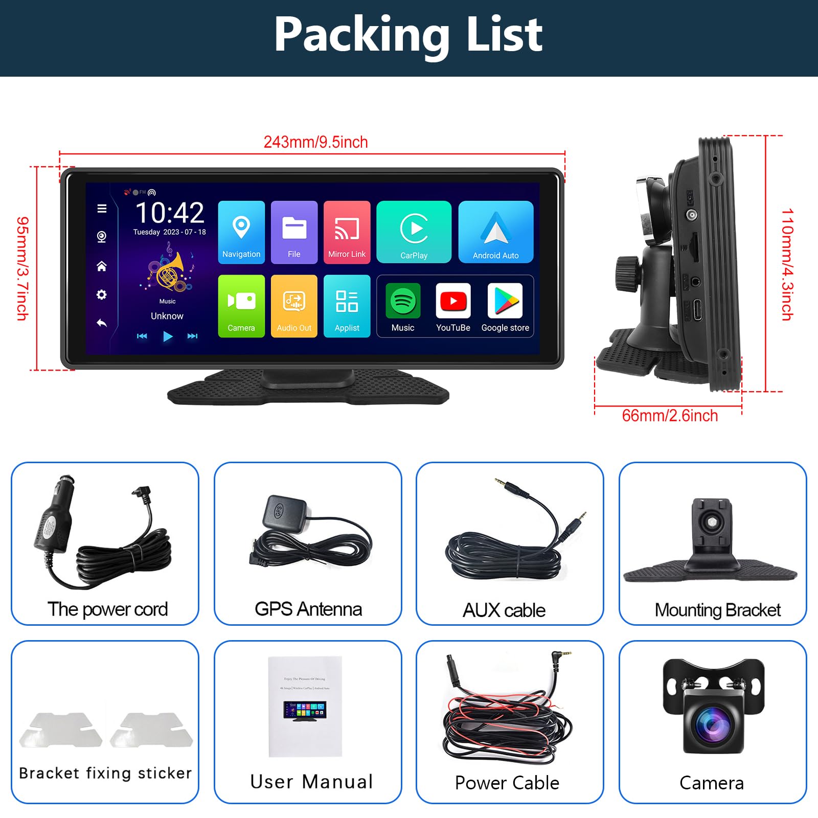 Hodozzy Android 4G 64G 8-Core sans Fil CarPlay Moniteur Android Auto Écran Voiture GPS Dash Cam Avant et Arrière Portable Autoradio Bluetooth 10,26 Pouces Écran Tactile Lien Miroir WiFi FM AUX