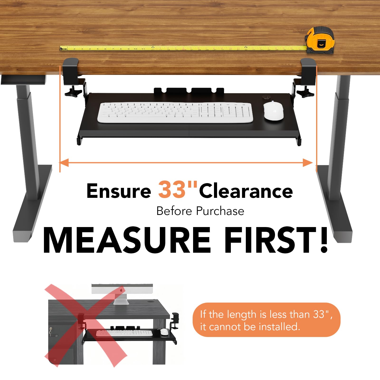 Tastaturablage unter dem Schreibtisch, ausziehbar, mit extra stabilem C-Klemmhalterungssystem, 27,3 (82,5 cm inkl. Klemmen) x 27,9 cm, ausziehbare Plattform, Computerschublade zum Tippen, Schwarz
