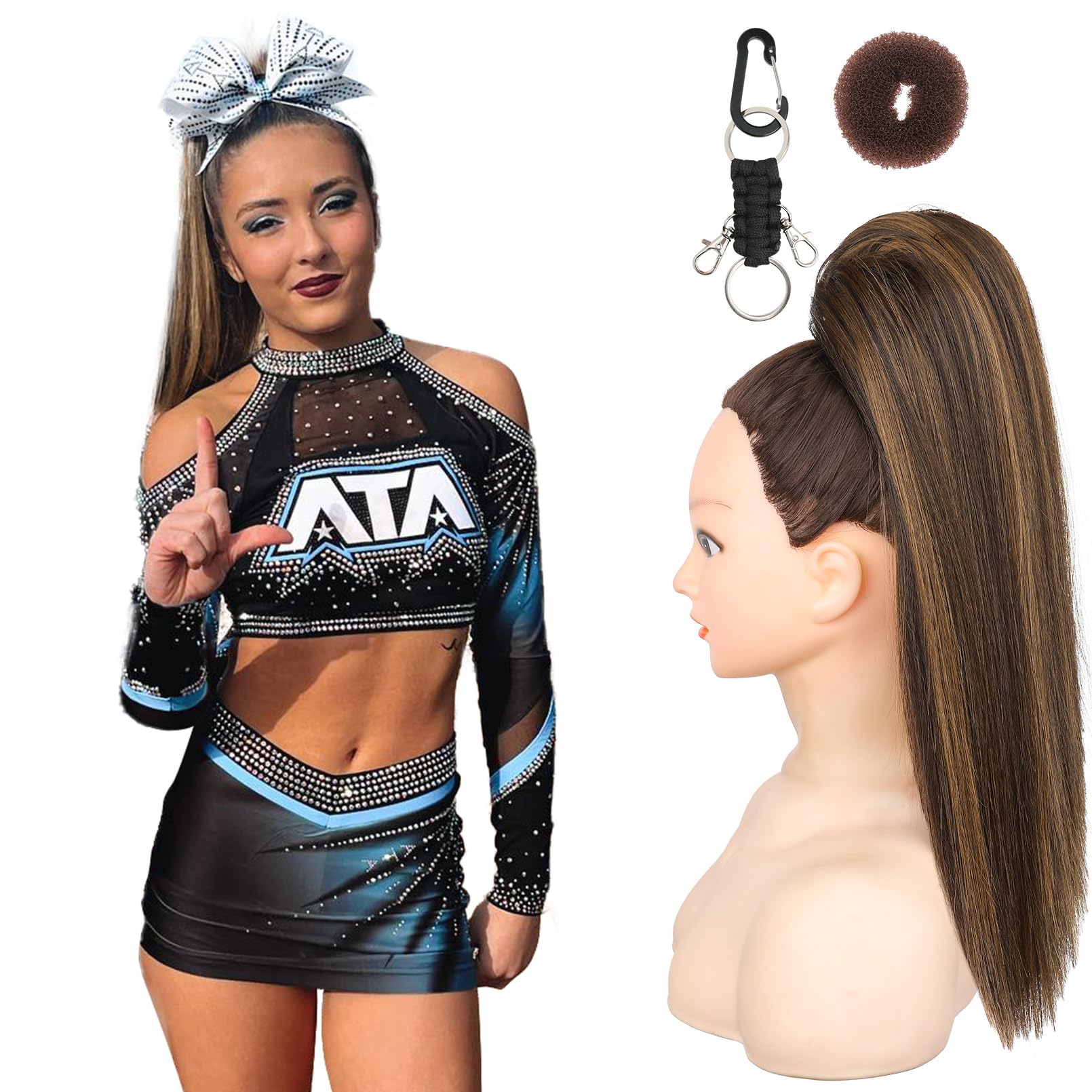 Photo 1 of SEIKEA Cheer Ponytail Hair Piece, 16" Ash Blonde Straight Cheerleader Hairpiece Ponytail Extension for Cheerleader Competition, Dance Warm Brown with Blonde Highlights