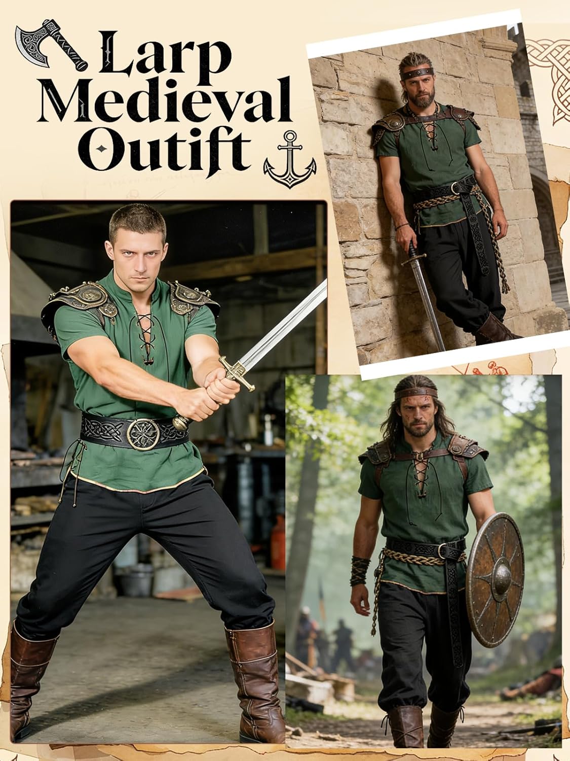 Verceco Renaissance Costume for Men 3PCS Short Sleeve Lace-Up Shirt Ankle-Banded Pants Belt Medieval LARP Cosplay