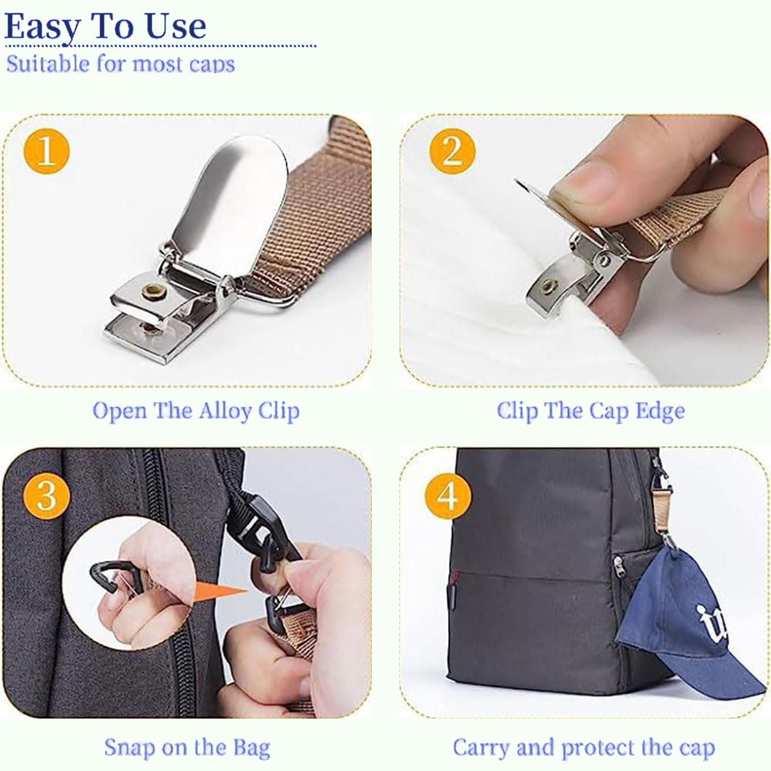 4 Piezas Clips de Sombrero de Viaje Portátil para Bolsa de Lona y Mochila,Multifuncional con Elástico para Sombrero y Bufanda,Accesorios de Viaje al Aire Libre Manos Libres para Hombres y Mujeres