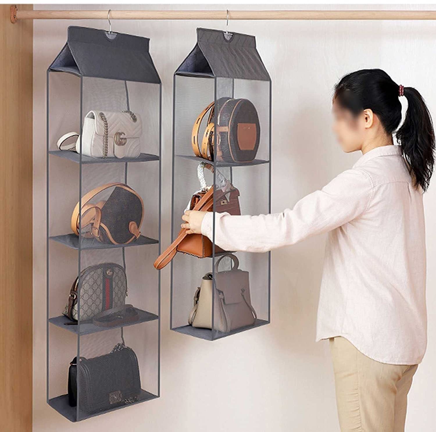 2 Piezas Organizador para Colgar Bolsos Colgador De Almacenamiento De Bolsos Organizador De Armario De Tela Oxford Ahorro De Espacio En El Armario (3 Rejillas Y 4 Rejillas)