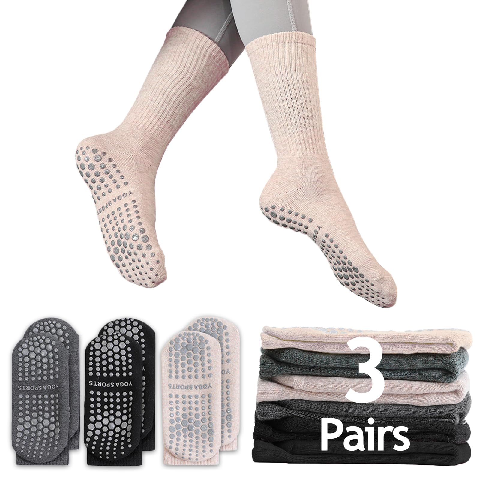 Chaussettes Longues Antidérapantes Yoga/pilates Femme – 3 Paires, Coton Doux, Semelle Silicone