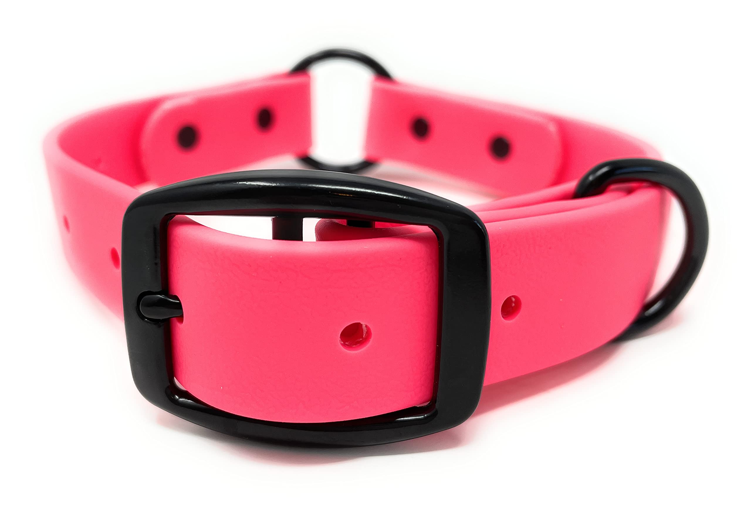 Small Pink Waterproof Hunting Dog Collar with Heavy Duty Black Hardware Center Ring, Double Buckle and D Ring
