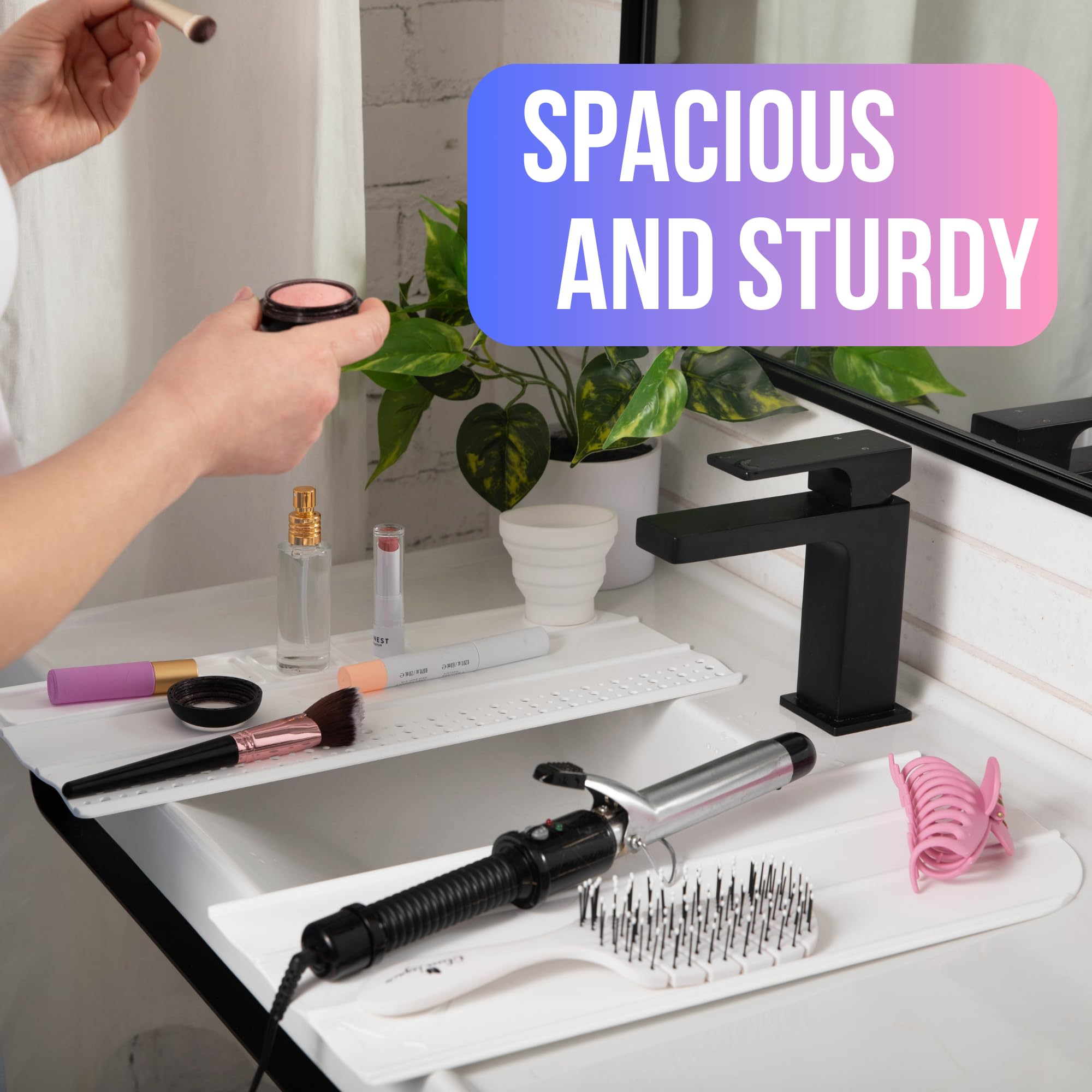 Bathroom Foldable Sink Cover for Counter Space - 2 Roll up Silicone Beauty Mat, Heat Resistant for hot Tools, Sink Topper Bathroom Countertop Organization, Travel Bag (White, Large, 2 Pcs)