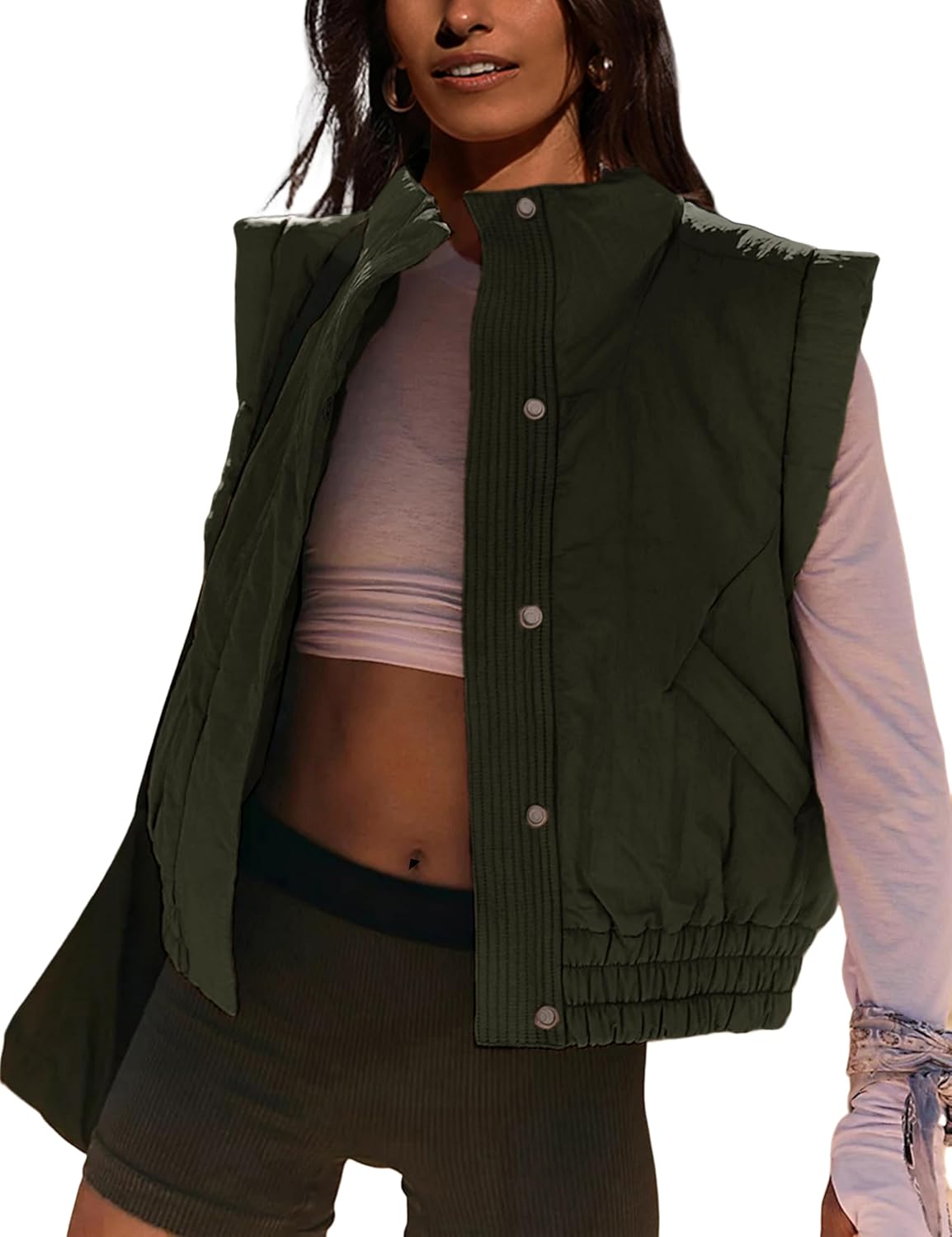 Lviefent Womens Puffer Vest Cropped Lightweight Button Down Quilted Vest Sleeveless Padded Gilet Coat with Pockets