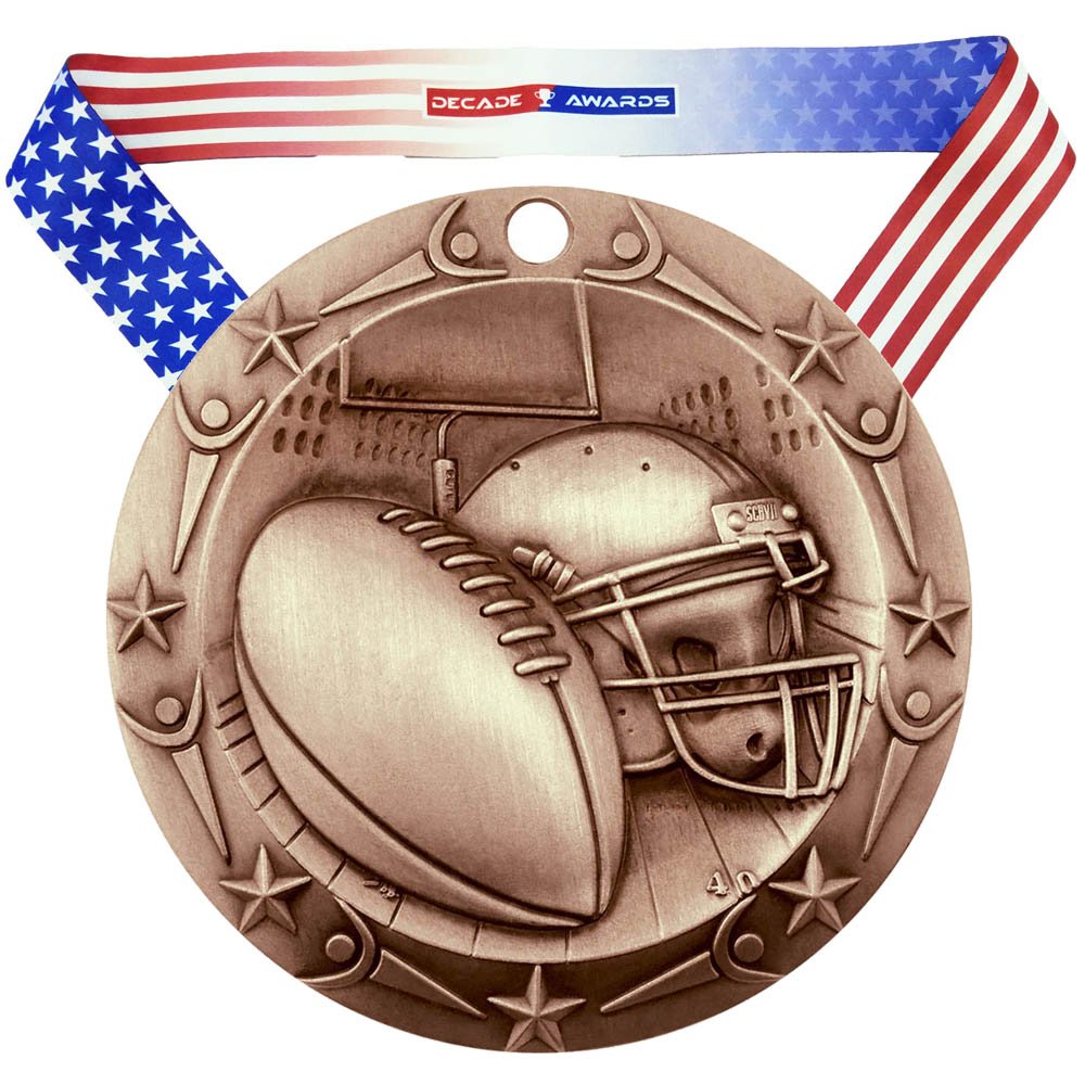 Decade Awards Football World Class Engraved Medal - 3 Inch Wide Gridiron Medallion with Stars and Stripes American Flag V Neck Ribbon - Customize Now