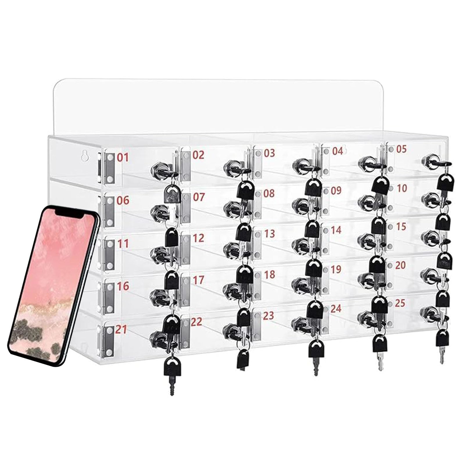 Mobile Phone Locker 12/24/36/48/60 Slots Mobile Phone Storage Cabinet with Carry Handle, Lock, Aluminium Wall Mounted or Desktop Management Box Suitable for School, Offices (Transparent, 25 Slot) — image 1
