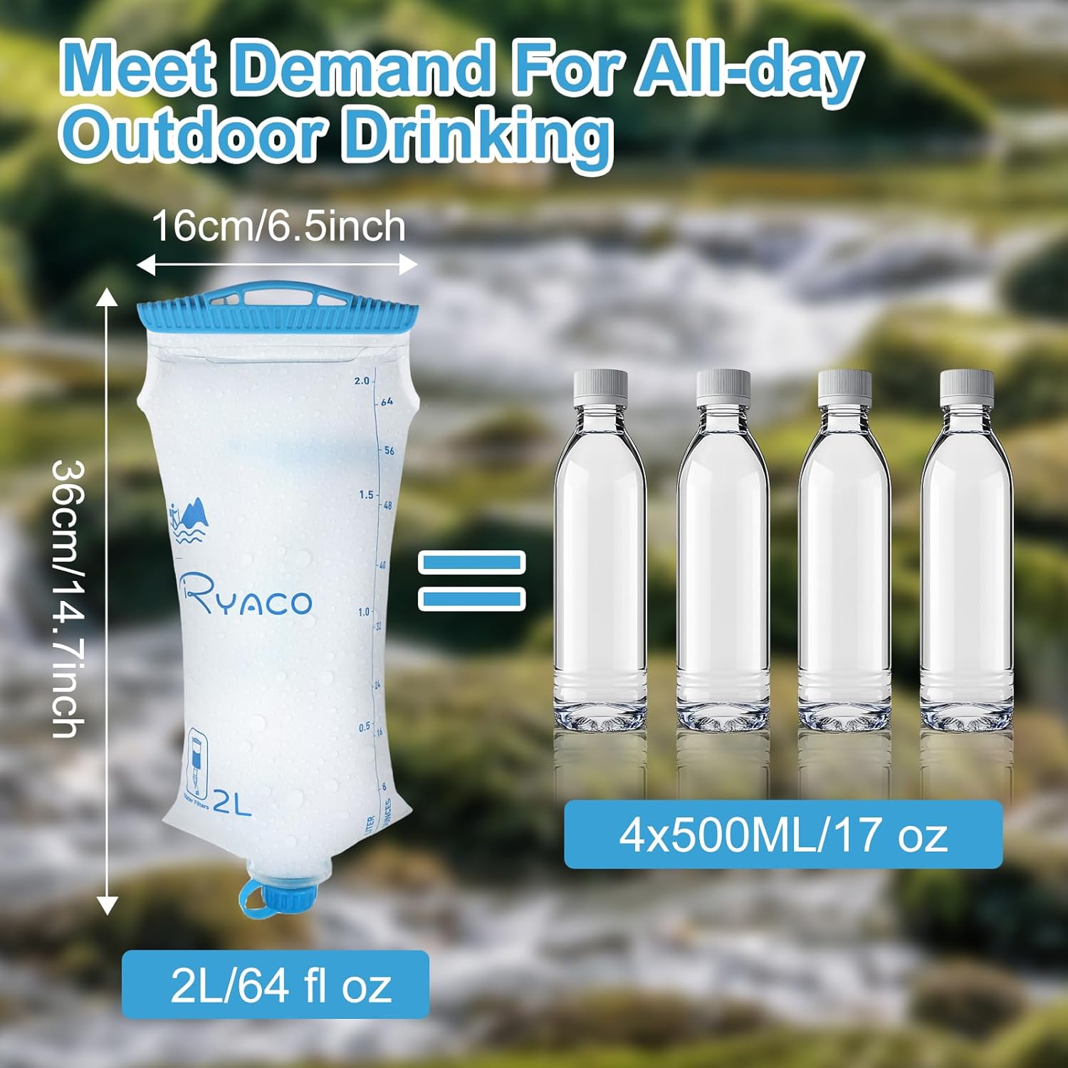 RYACO Water Bag 2L Compatible with Sawyer Squeeze Water Filter, Outdoor Water Container, Water Filter Bag with Durable TPU Material Collapsible Hydration Canteens for Camping Hiking Cycling Fishing - Image 2