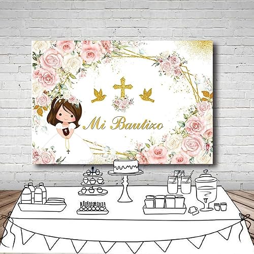 Miniatura 4 de MEHOFOND Telón de fondo bohemio de 8 x 6 pies para bautizo con texto en inglés Mi Bautizo y Dios bendiga para la primera comunión, decoración de