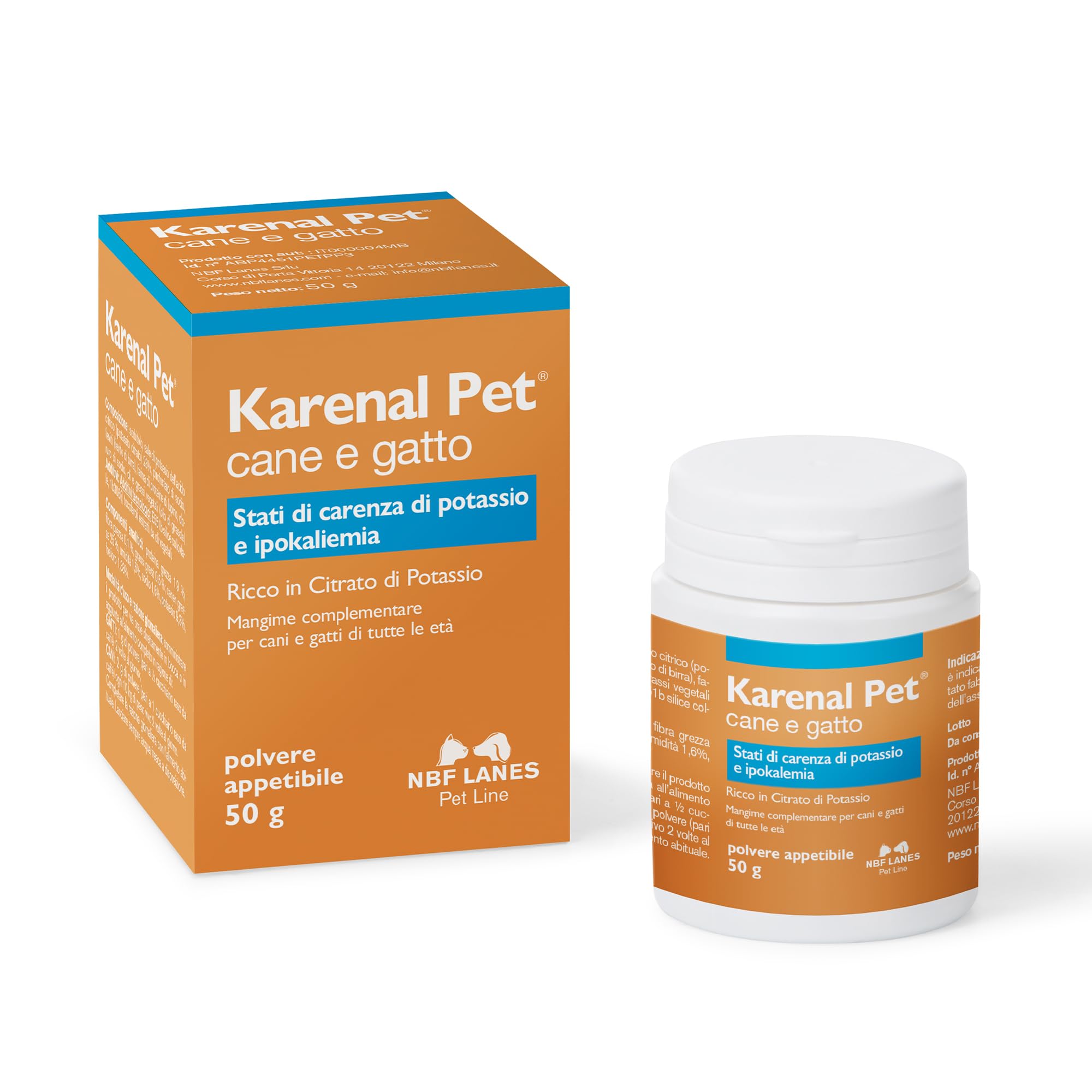 NBF Lanes | Karenal Pet Perro y Gato, Polvo apetecible 50 g, para los Estados de Deficiencia de Potasio e Hipopotasemia