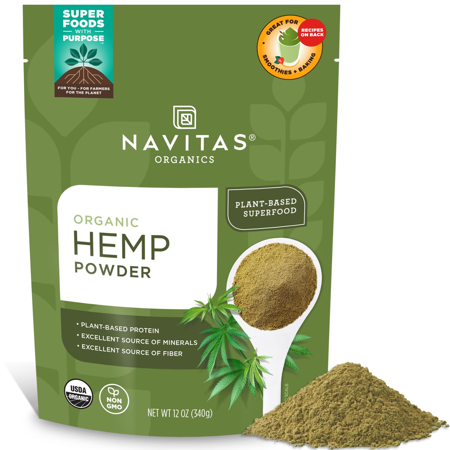 Navitas Organics Hemp Powder – Vegan Protein, Fiber &amp; Minerals – for Smoothies, Oatmeal, Baking, Bars &amp; More – Cold-Pressed – USDA Organic, Non GMO, Kosher, Gluten Free (12oz. Bag, 11 Servings)