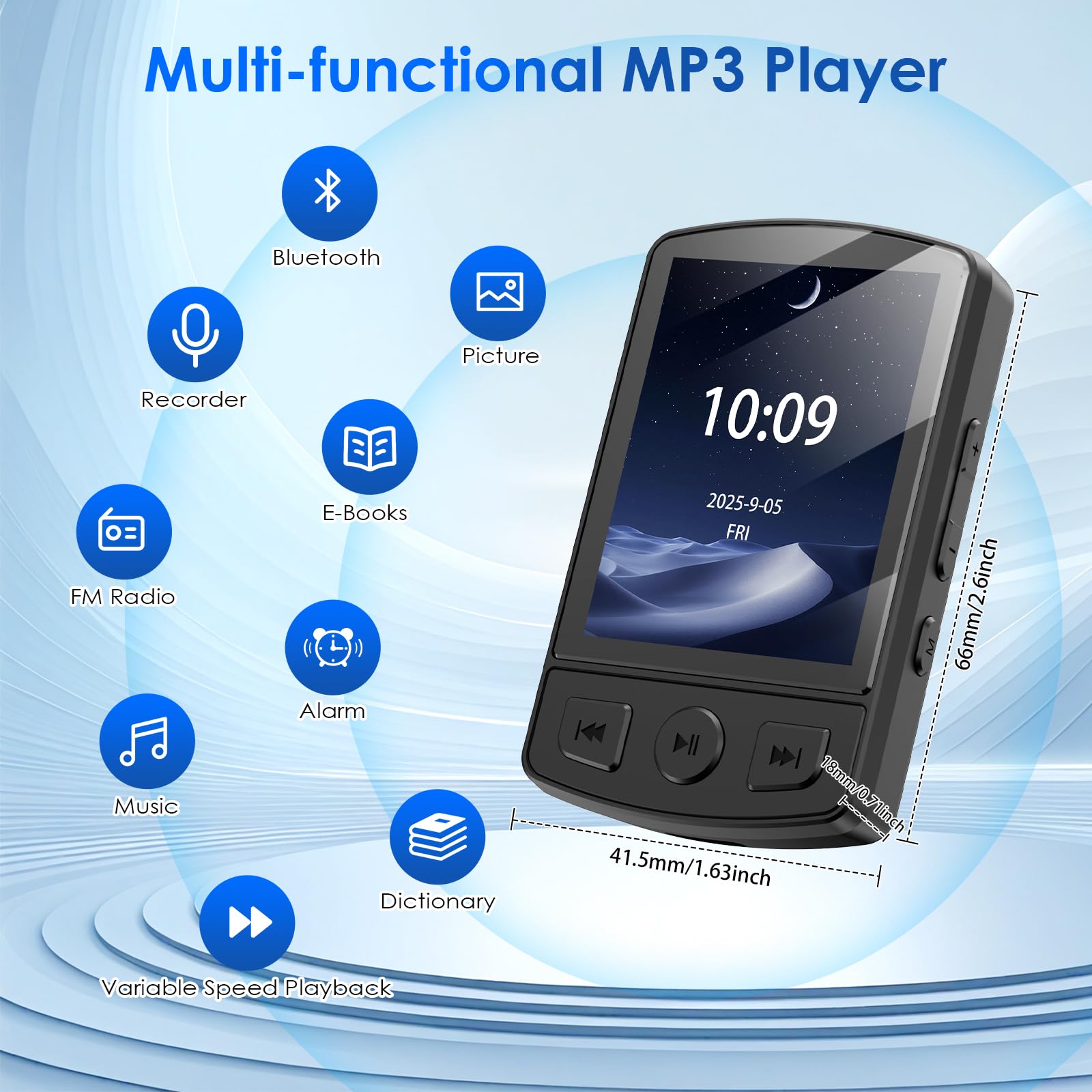 Gueray Lettore MP3 Bluetooth 64GB - Lettore Musicale Digitale Portatile con Clip, Audio HiFi, Radio FM Integrata, Altoparlante, Registratore Vocale e Supporto Scheda TF