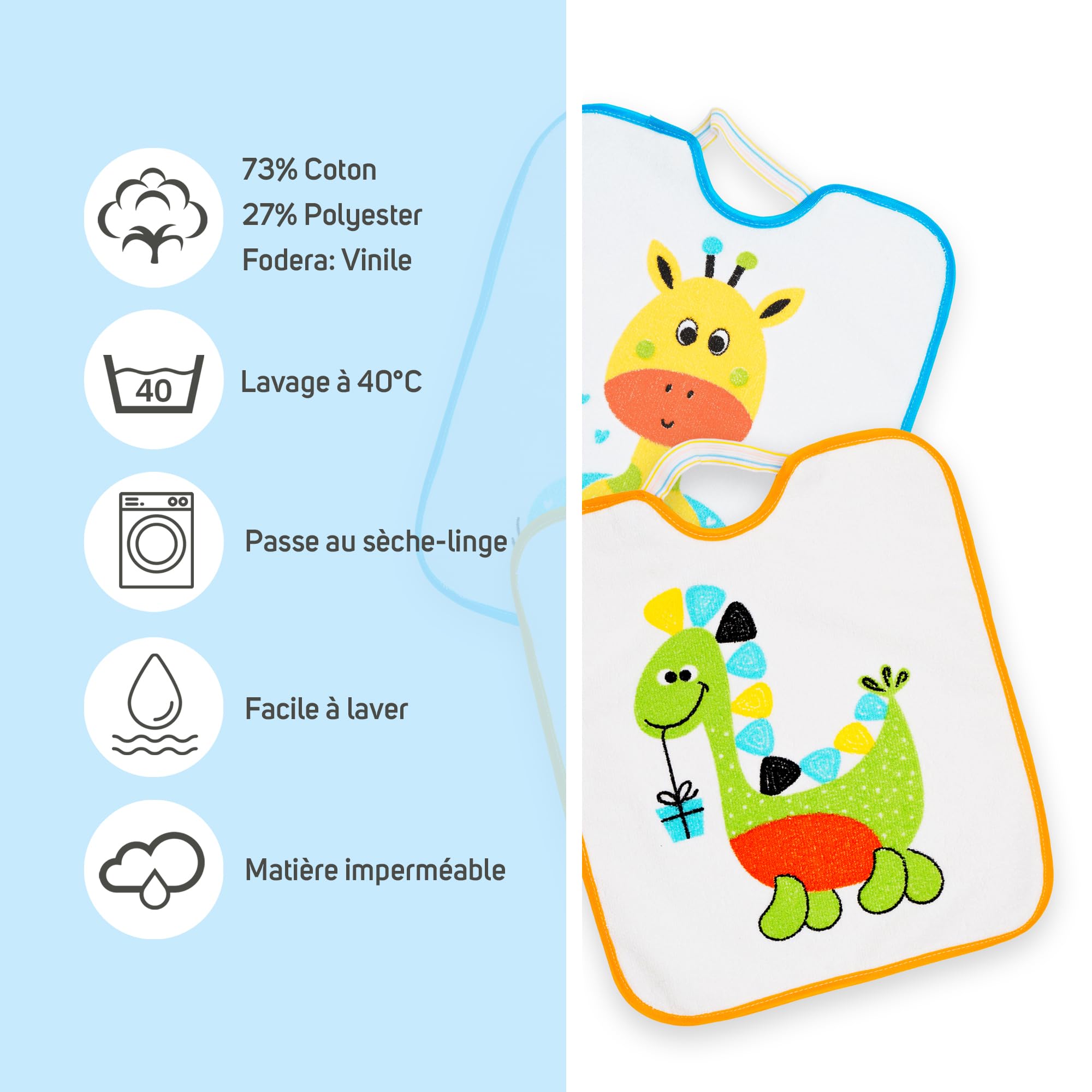 Ti TIN Lot De 4 Bavoirs Bébé Imperméables | Éponge 73% Coton 27% Polyester |Fermeture Élastique | Motifs Animaux |Parfaits Pour Maternelle Cantine | Facile À Nettoyer.