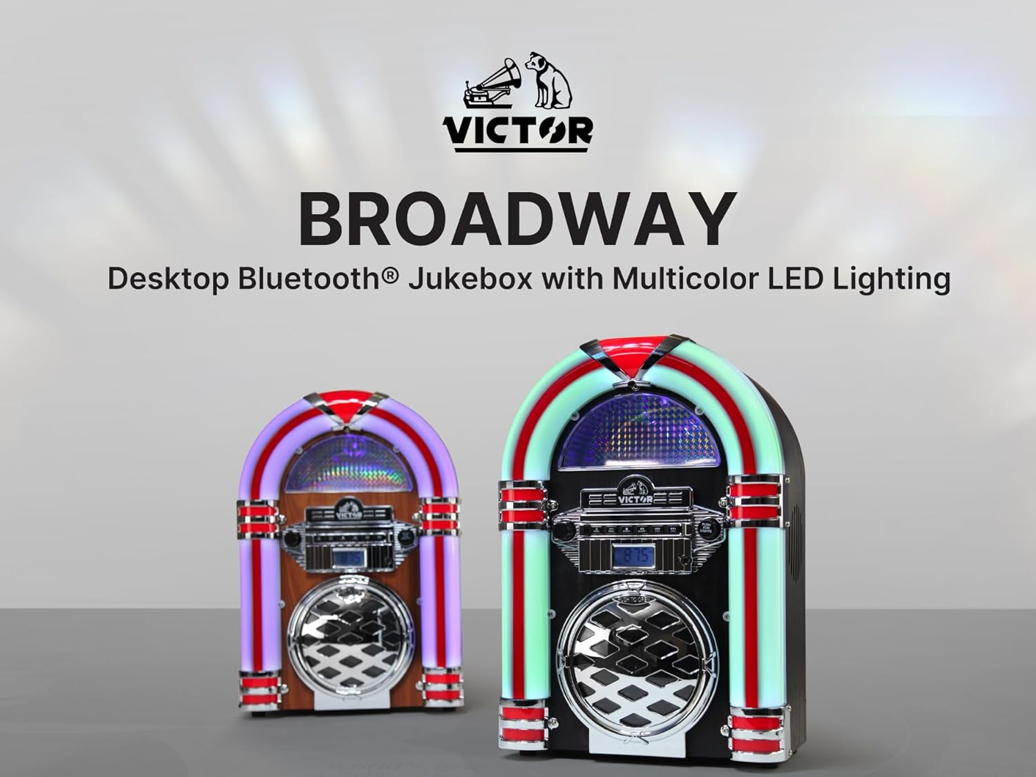 VICTOR Broadway Desktop Bluetooth Jukebox with CD Player, FM Radio, Built-in Stereo Speakers, and Color Changing LED Lighting, Mahogany (VDTJ-1550-MH)