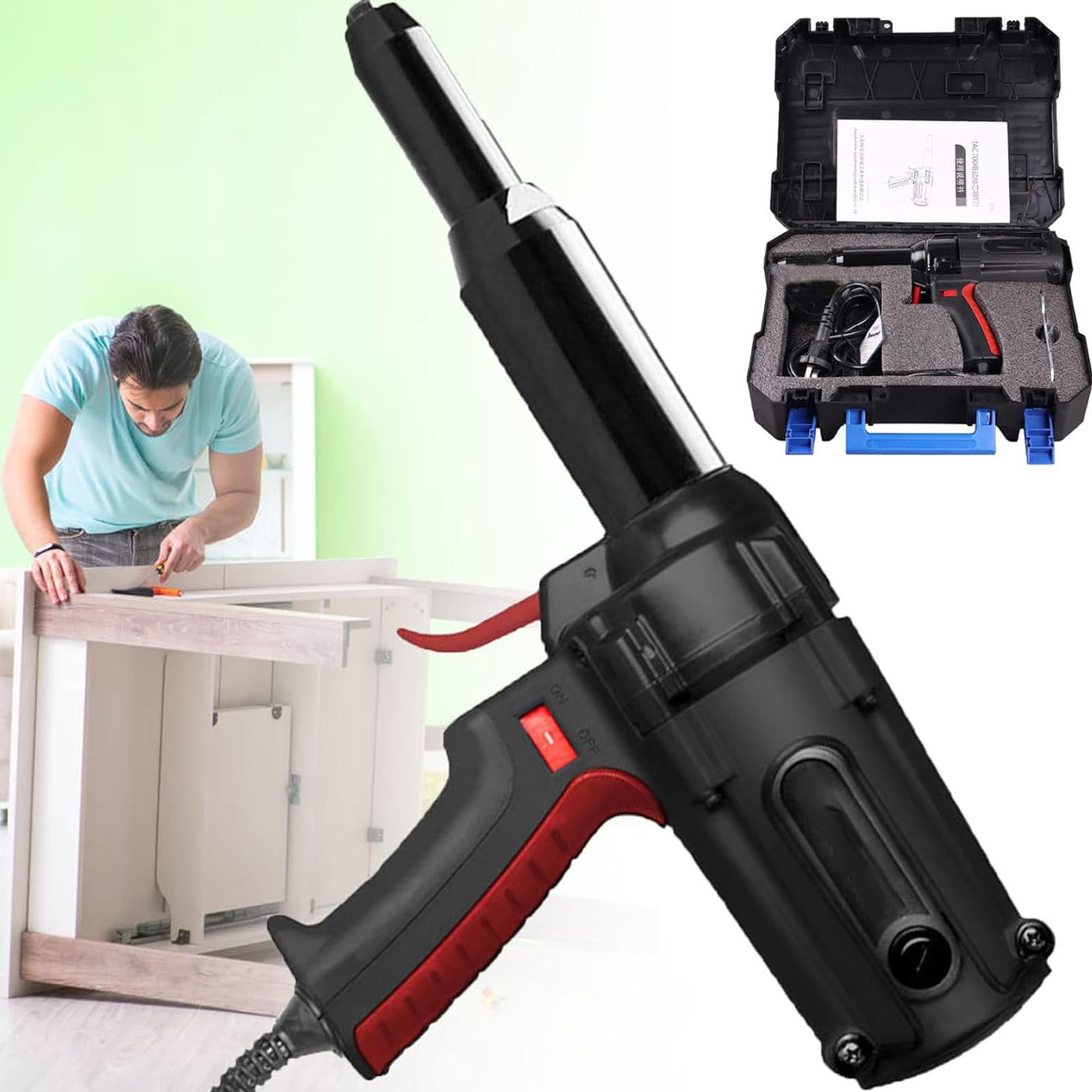 Remachadora eléctrica 600W, Herramienta Manual automática Tuercas Remache, Herramienta remachado eléctrica, Remaches Ciegos Aluminio/Acero al Carbono/Acero Inoxidable 4,0 a 6,4mm