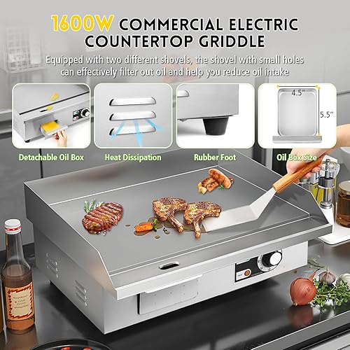 Miniatura 4 de Moogiantgo - Plancha eléctrica comercial de 22 pulgadas, 1600 W, antiadherente para encimera, acero inoxidable, caja de aceite extraíble,