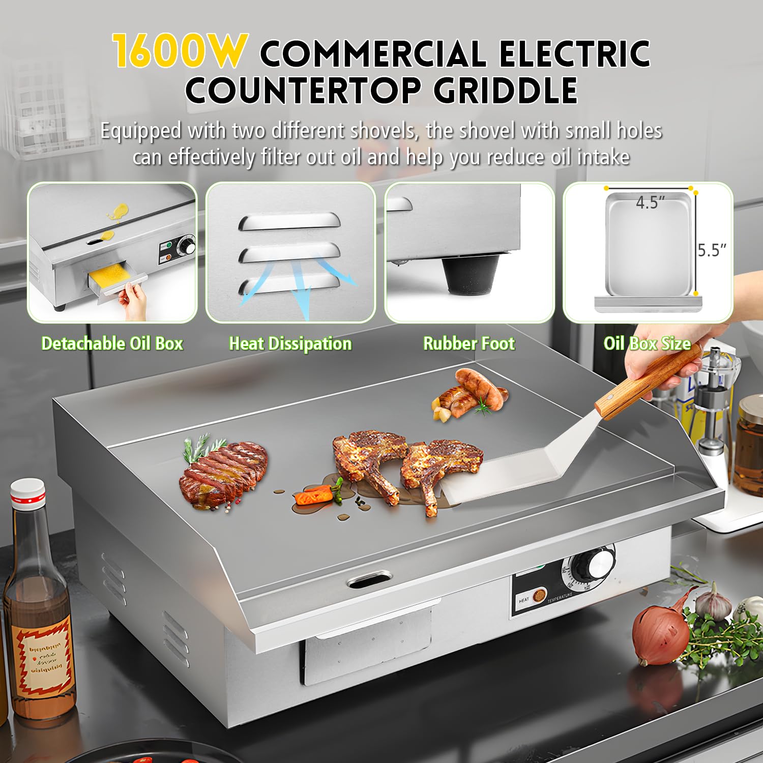 Moogiantgo - Plancha eléctrica comercial de 22 pulgadas, 1600 W, antiadherente para encimera, acero inoxidable, caja de aceite extraíble, temperatura ajustable de 32.0-572.0 °F, parrilla Teppanyaki 4