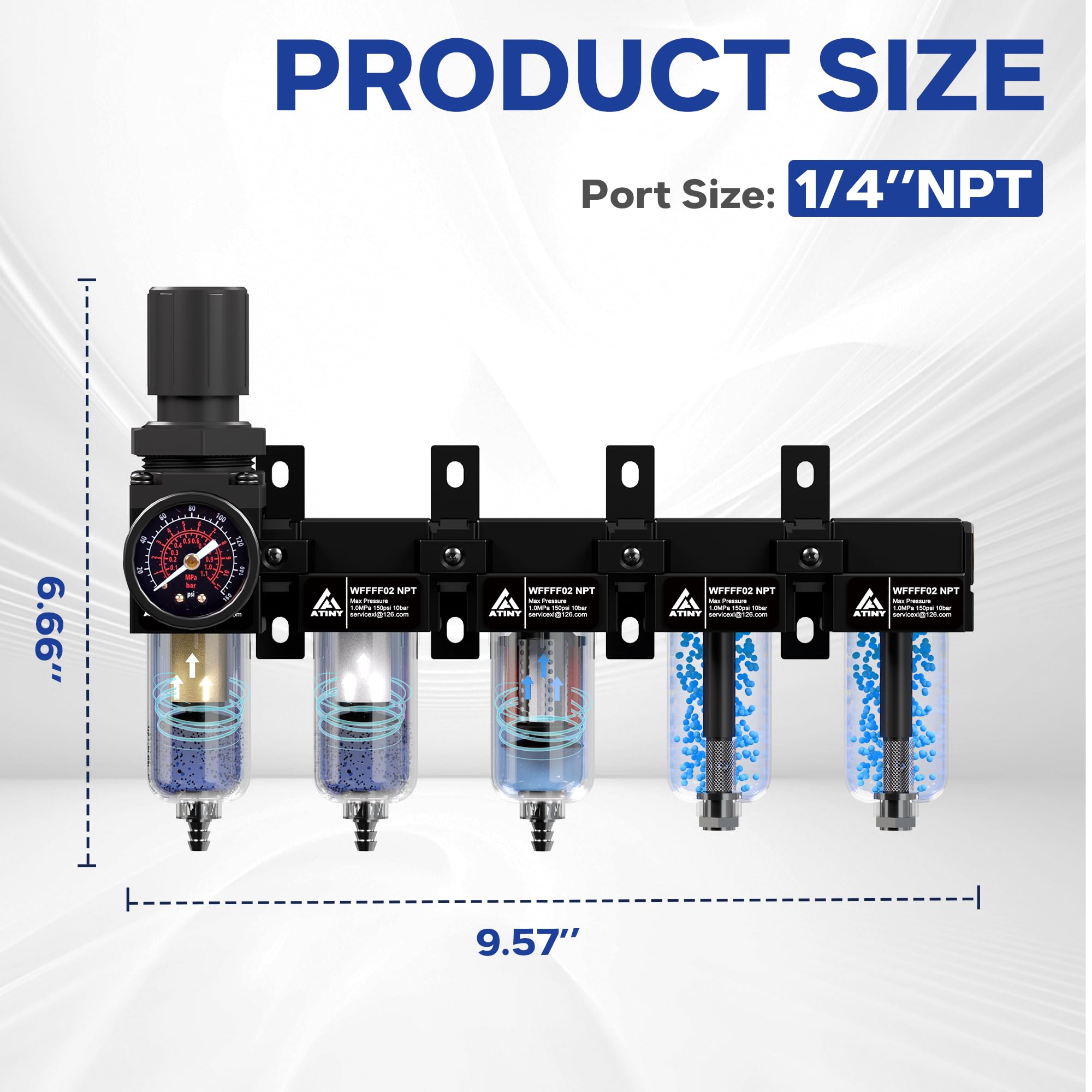 Séchoir à air comprimé NPT 5 étapes 6,35 mm, sécheur d'air pour compresseur 5, 0,5 et 0,01 micron, double séchoir déshydratant et régulateur d'air, bol en métal, vidange semi-automatique