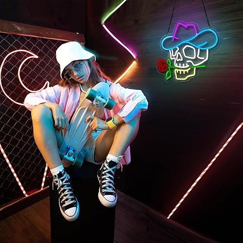 Miniatura 2 de Letrero de neón de calavera para decoración de pared, diseño de vaquero neón, decoración de habitación de adolescentes, carteles de fiesta de hip