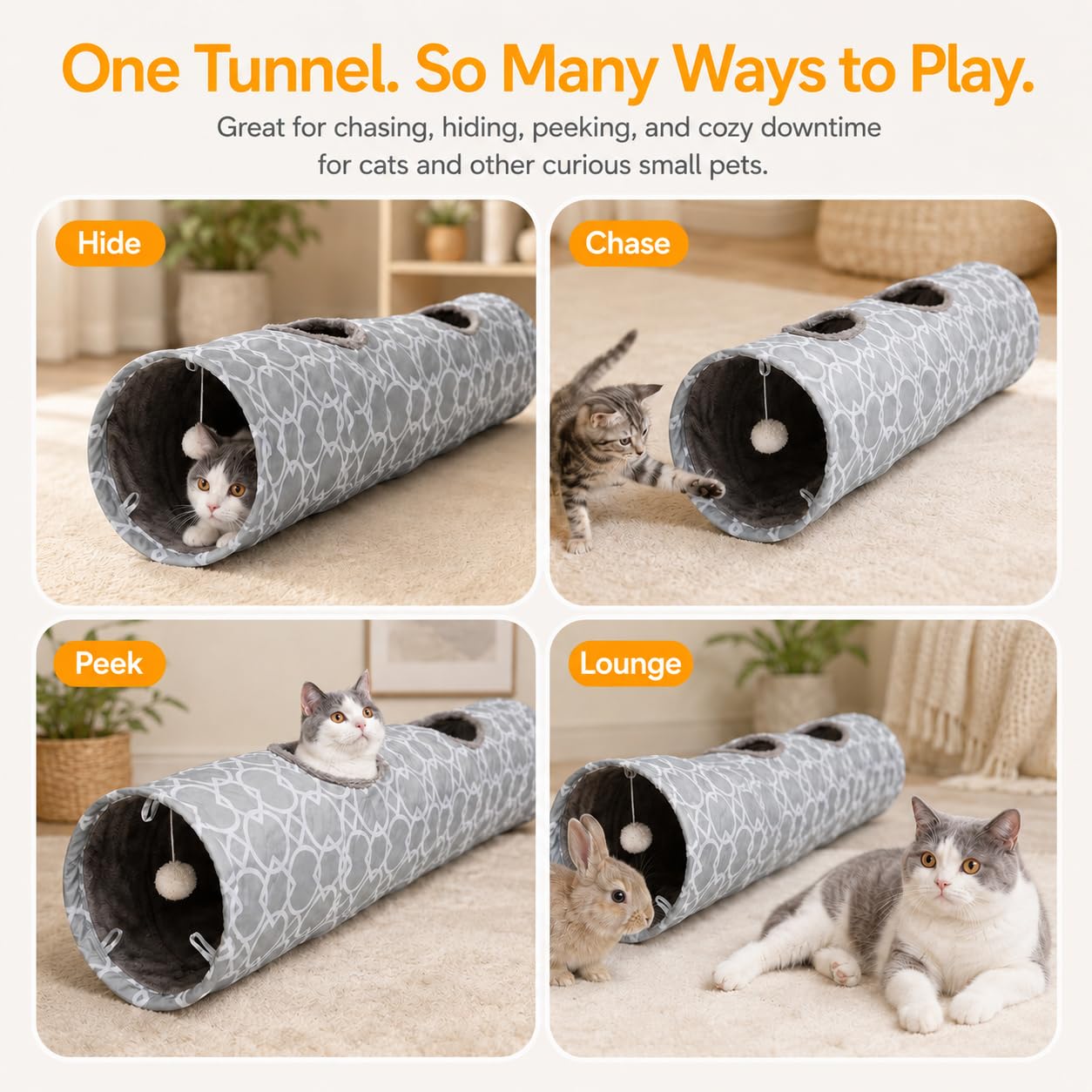 Túnel geométrico recto para gatos con interior de felpa, juguetes para gatos, tubo plegable con bolas, para conejos, gatitos, hurones, cachorros, diámetro de 9.8 pulgadas
