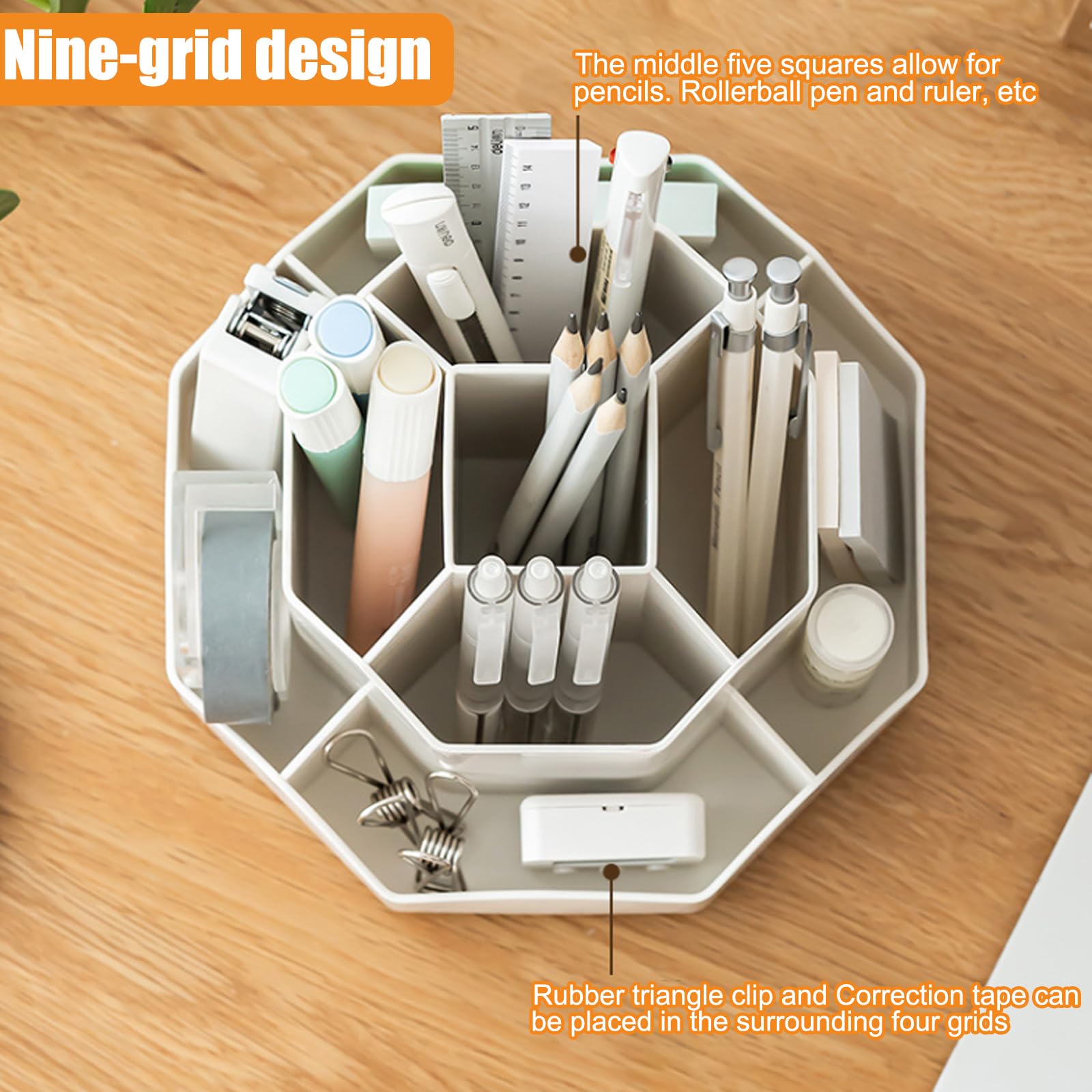maxant Rotating Pen Holder, Stationery Supply Organiser, 360 Degree Rotating Pen Holder For Desk Tidy, 9 Compartments Pencil Pots, Desktop Storage Organizer for Home And Office Supplies (White) - Image 4