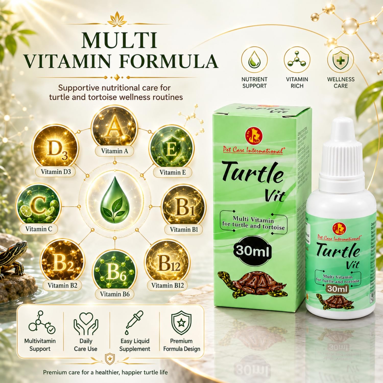 Pet Care International (PCI) Turtle i-Care & Turtle VIT Drop for Swollen, Inflamed, Infected Eye & for Essential Vitamins and Minerals of Healthy Turtle Healthcare (Combo) (30ml) 1