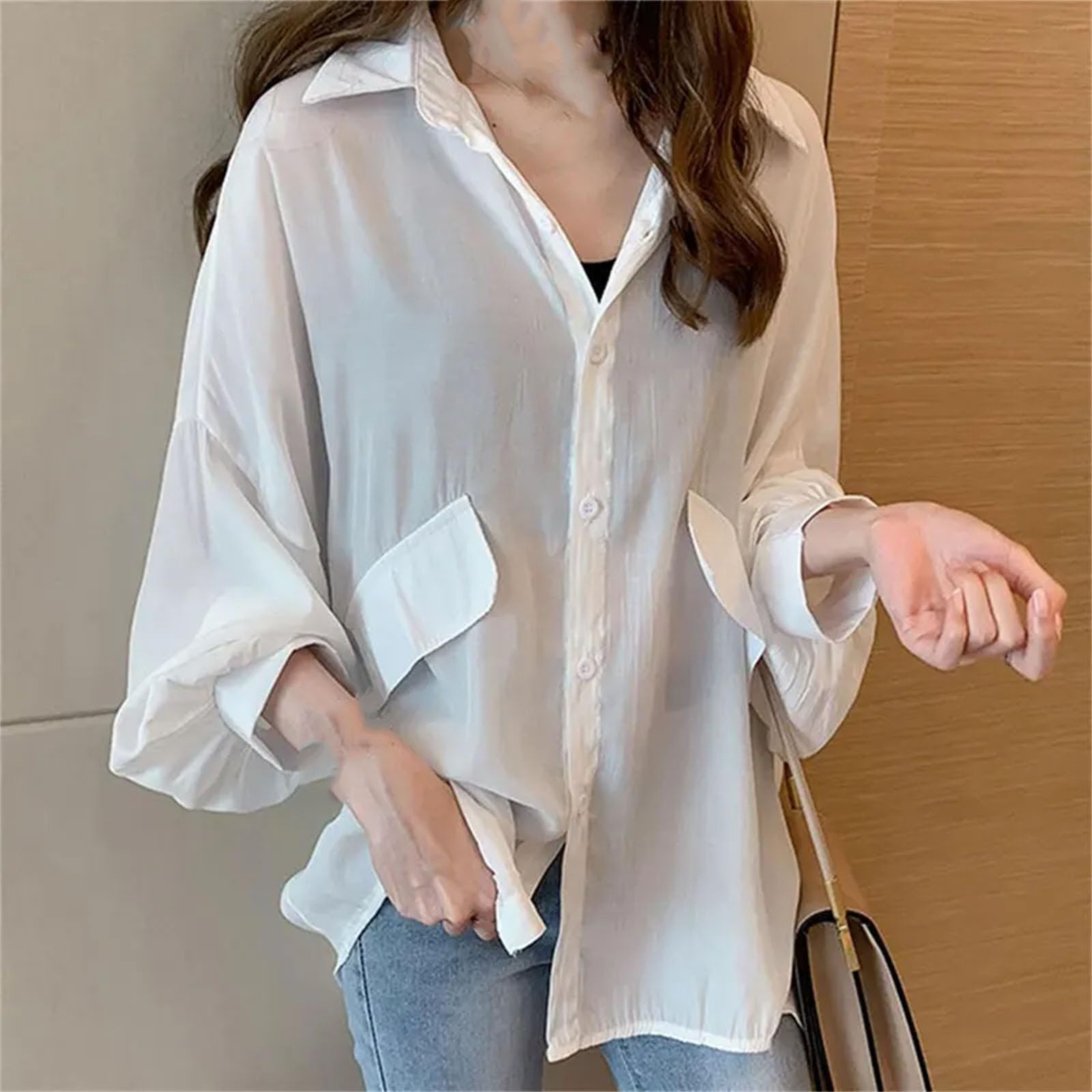 Blusa holgada de color sólido para mujer, cuello vuelto, casual, de un solo botonadura, de retazos, camisa midi