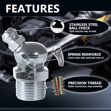 15Sizes Grease Fitting Assortment SAE and Metric Zerk Grease Fittings Kit 1/4 1/8 M6 M8 M10 Straight 45 90 Degree Zerks Nipples (Pack of 45Pcs)