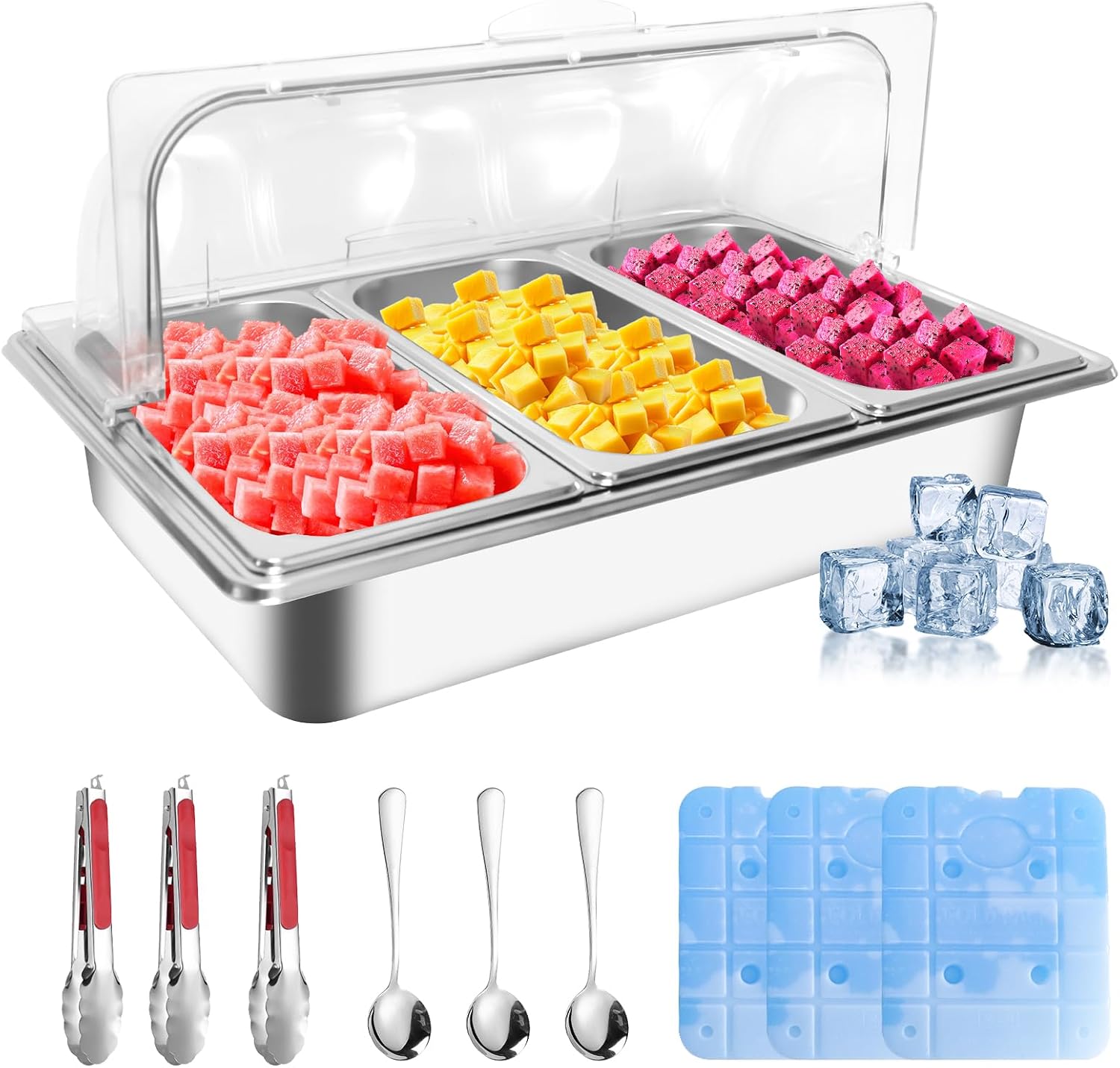 Countertop Ice Food Serving Display Tray with 3 Pan, Portable Salad Bar Buffet Station for Home, Stainless Steel Cold Food Buffet Server with Clear Roll Top Cover, 3 Ice Packs