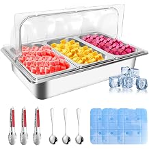 Countertop Ice Food Serving Display Tray with 3 Pan, Portable Salad Bar Buffet Station for Home, Stainless Steel Cold Food Buffet Server with Clear Roll Top Cover, 3 Ice Packs