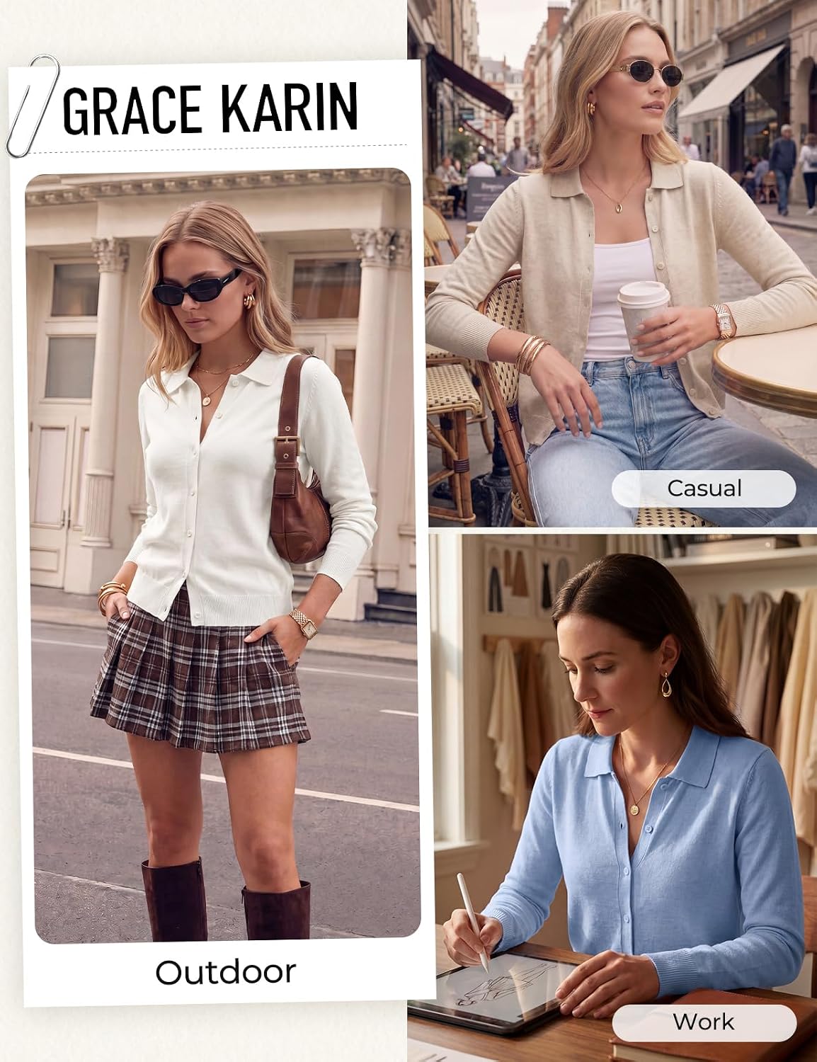 GRACE KARIN Cardigan Sweaters for Women Lightweight Trendy Long Sleeve Cardigans Lapel Collar Button Down Knit Tops