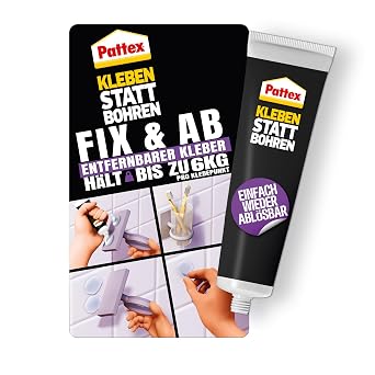 Pattex Glue without drilling Fix & AB, Removable Mount, Adhesive for Shelves and Wall Fixings, Strong Glue Holds up to 6 kg, Tube of 44 g, PVC, Translucent, 44 g
