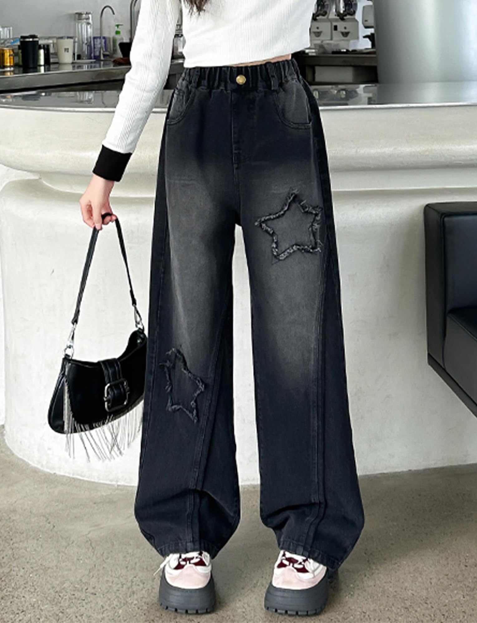 Happy Cherry - Baggy Jeans Filles Pantalons Large en Denim Fille Y2K Streetwear Enfants Adolescent Pantalon Hip Hop Streetwear Décontracté pour Été Hiver Printemps Automne - 110-164
