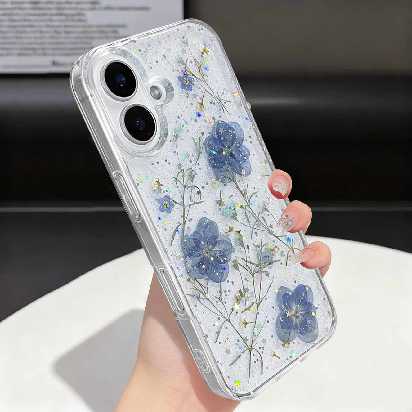 Funda Transparente para iPhone 16 Plus, diseño Floral con Flores Azules y violetas prensadas Reales, Bonito Brillo Brillante, Delgada, Suave, TPU, Transparente, para Mujeres y niñas