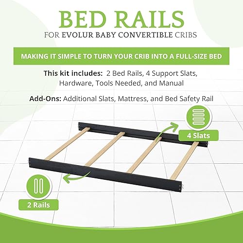 Vista 166 de Kit de conversión de tamaño completo, rieles de cama para cunas Evolur, kit convertible de cuna de madera maciza para cama de niños, rieles de Blanco
