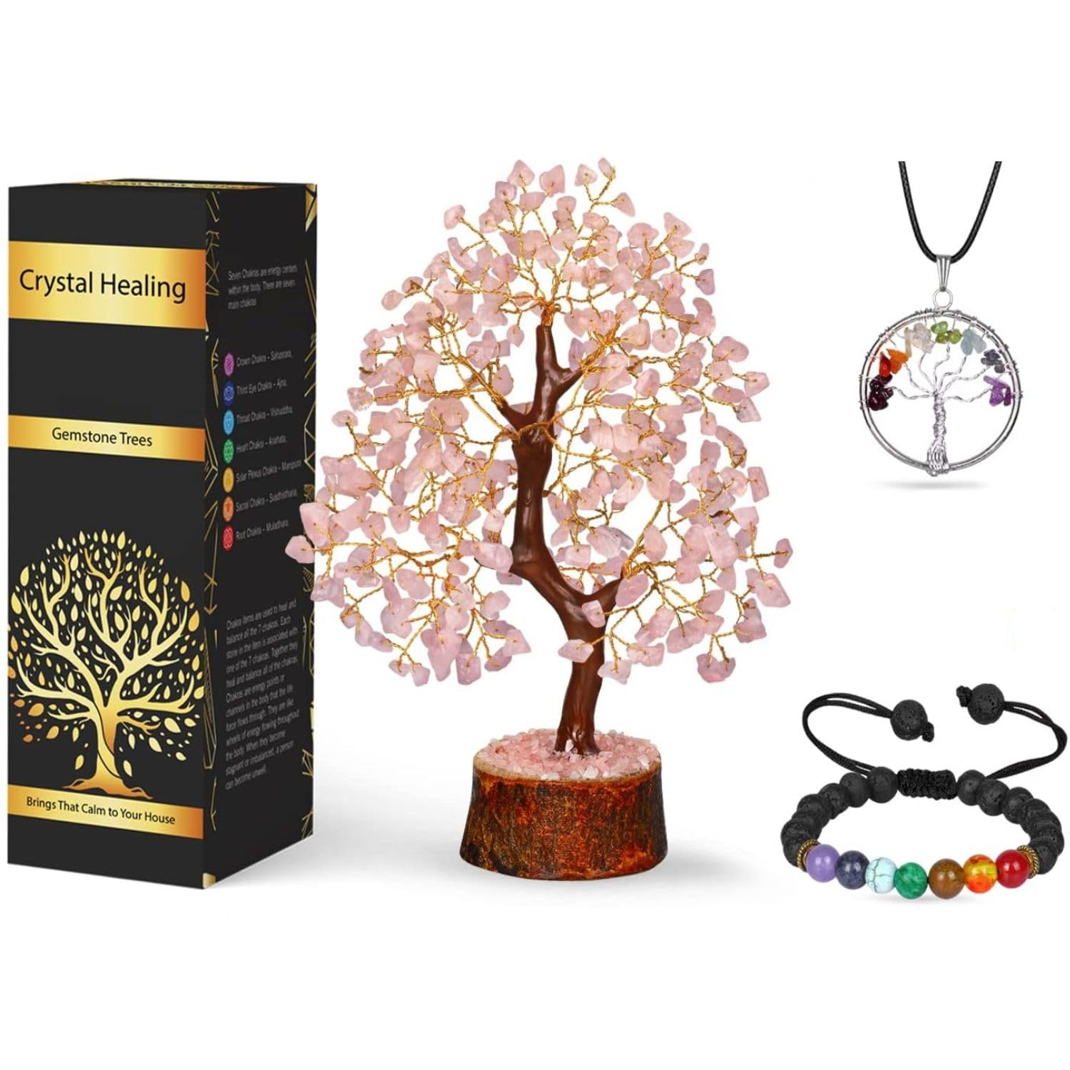 Jovivi Rose Quartz Crystal Heart Money Tree - Handmade Gemstone Bonsai For Feng Shui, Healing & Home Decor (7.87-8.26")