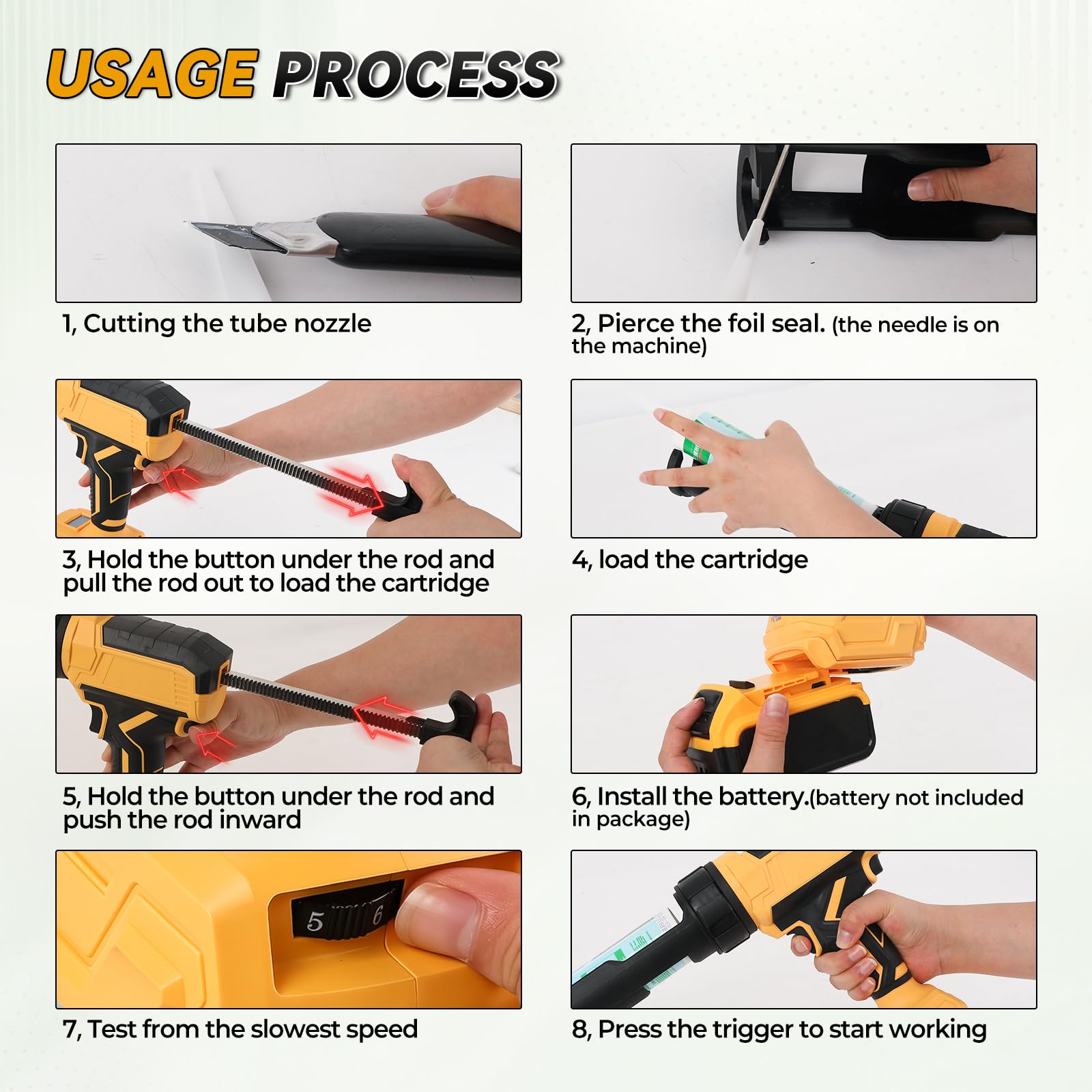 Pistola de cartucho con batería, compatible con batería DeWalt 18 V 20 V, 600 kg de fuerza de empuje, pistola eléctrica de silicona ajustable en 6 niveles con luz LED para cartuchos de 300 ml (sin