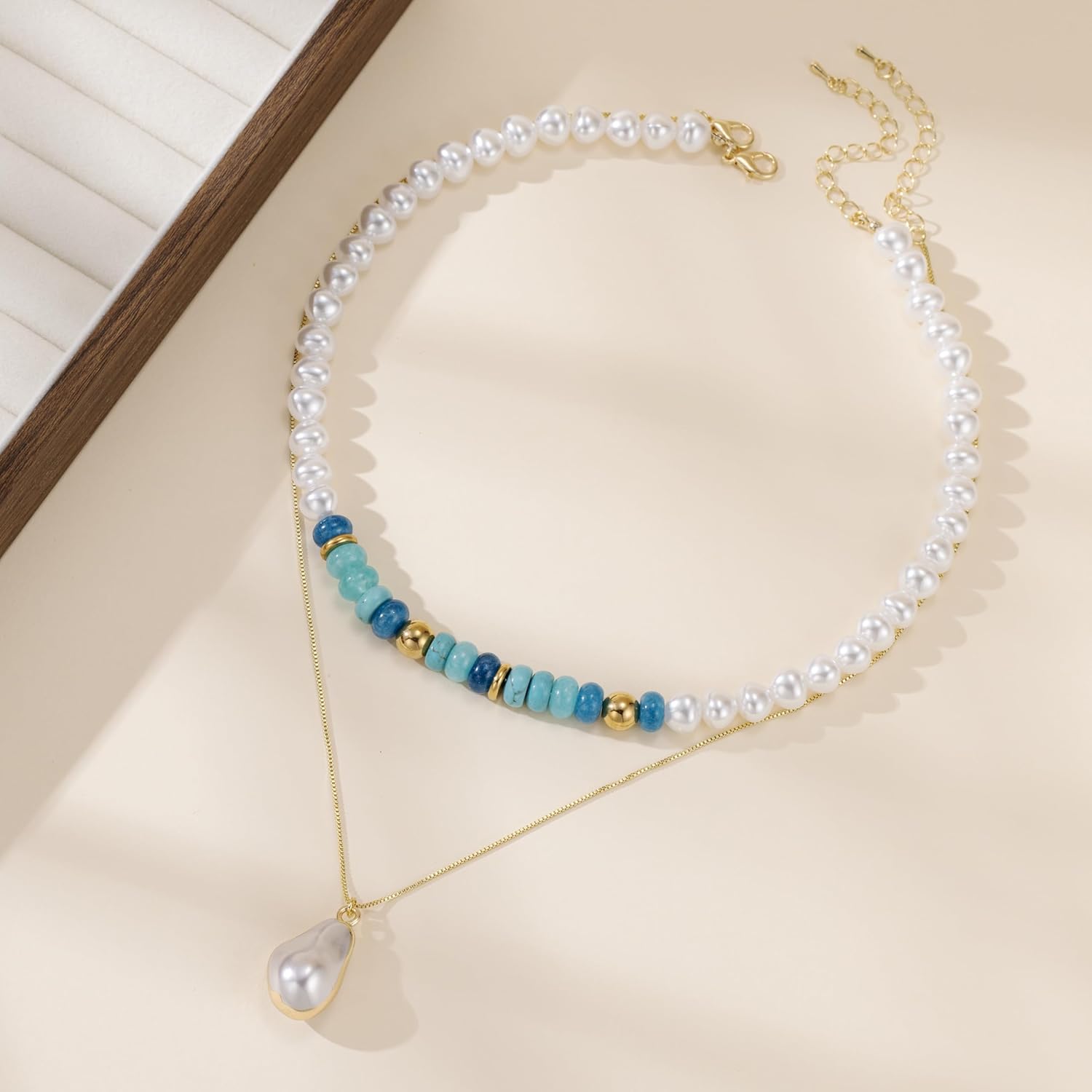 Natural Gemstone Necklaces for Women Pearl Blue Agate and Turquoise Beaded Choker Layered with 18k Gold Plated Box Chain Baroque Pearl Pendant Elegant Boho Jewelry - Image 6