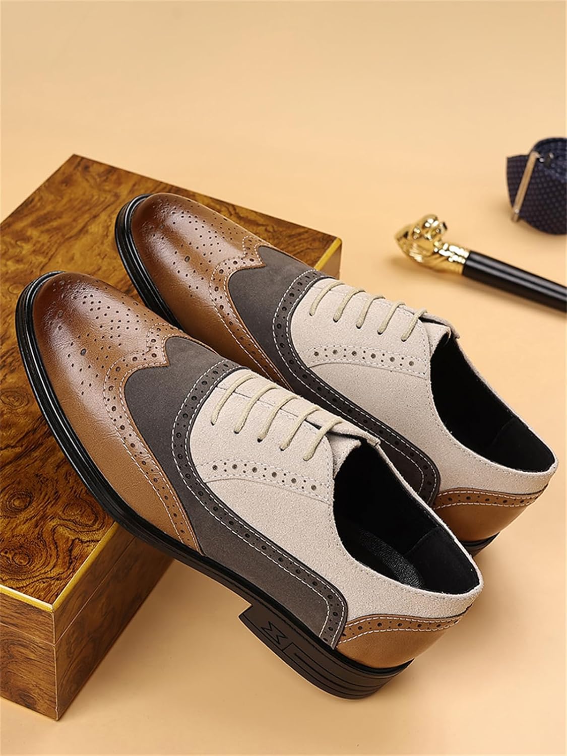 Men's Retro Brogue Dress Shoes Wingtip Suede Leather Oxfords Formal Business Casual Wedding Derby Shoes