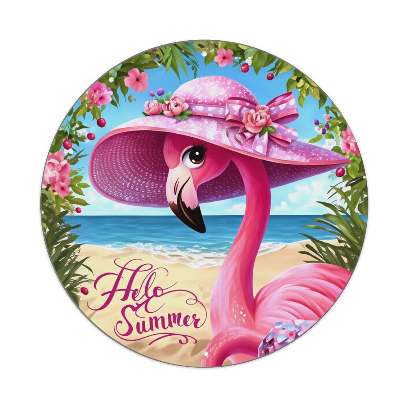 Flamingo Hat Beach Flowers Summer Round Tin Sign Vintage Metal Poster, Home Bar Garage Man Cave Cafe Indoor & Outdoor Wall Decoration 8x8Inches