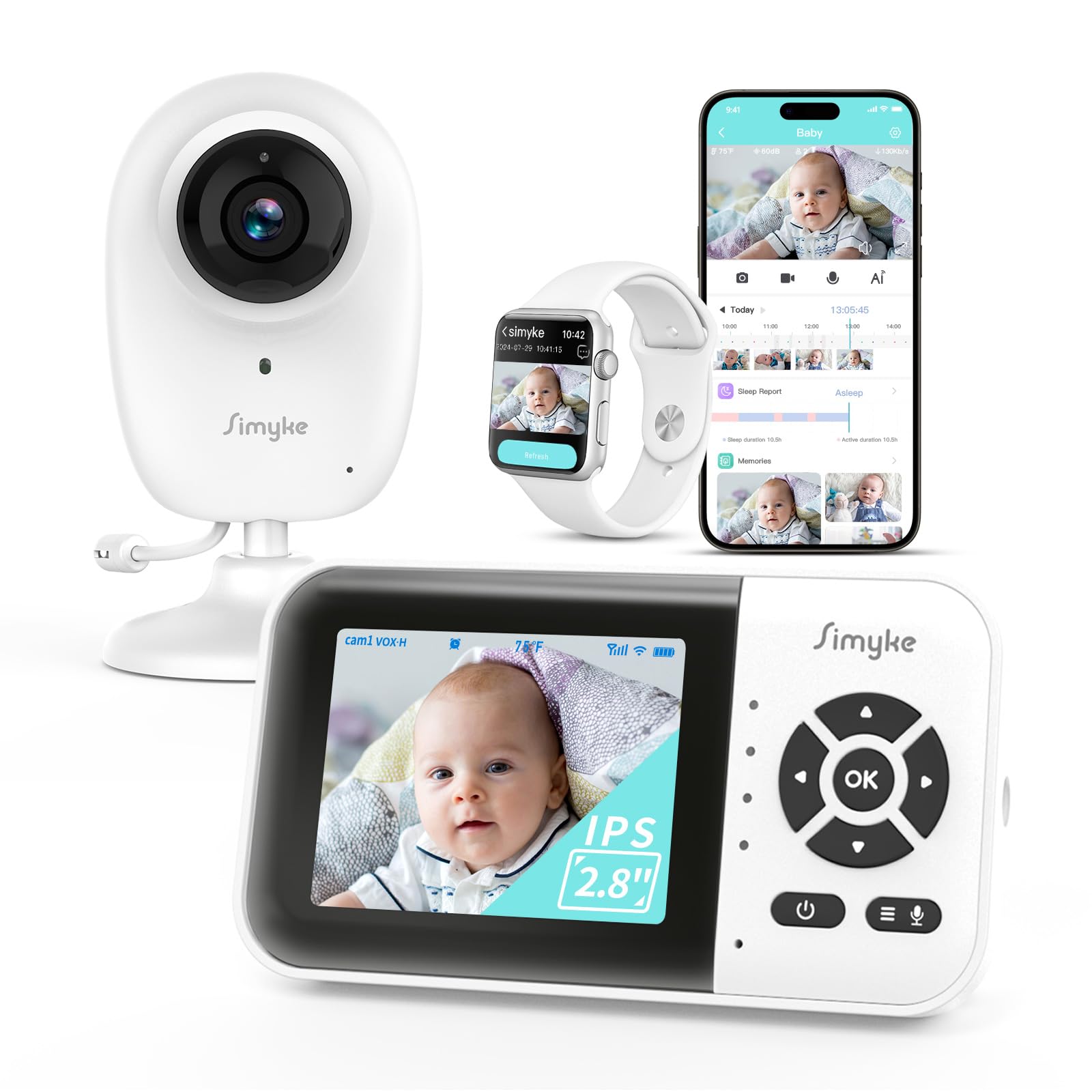 Simyke White Baby Monitor 2.8" Screen Wifi On/Off Swtich,15-Hour Battery With Camera And Audio, Night Vision, Vox, 2-Way Talk, 5 Lullabies And 1500Ft Range,Growth Album For Kids