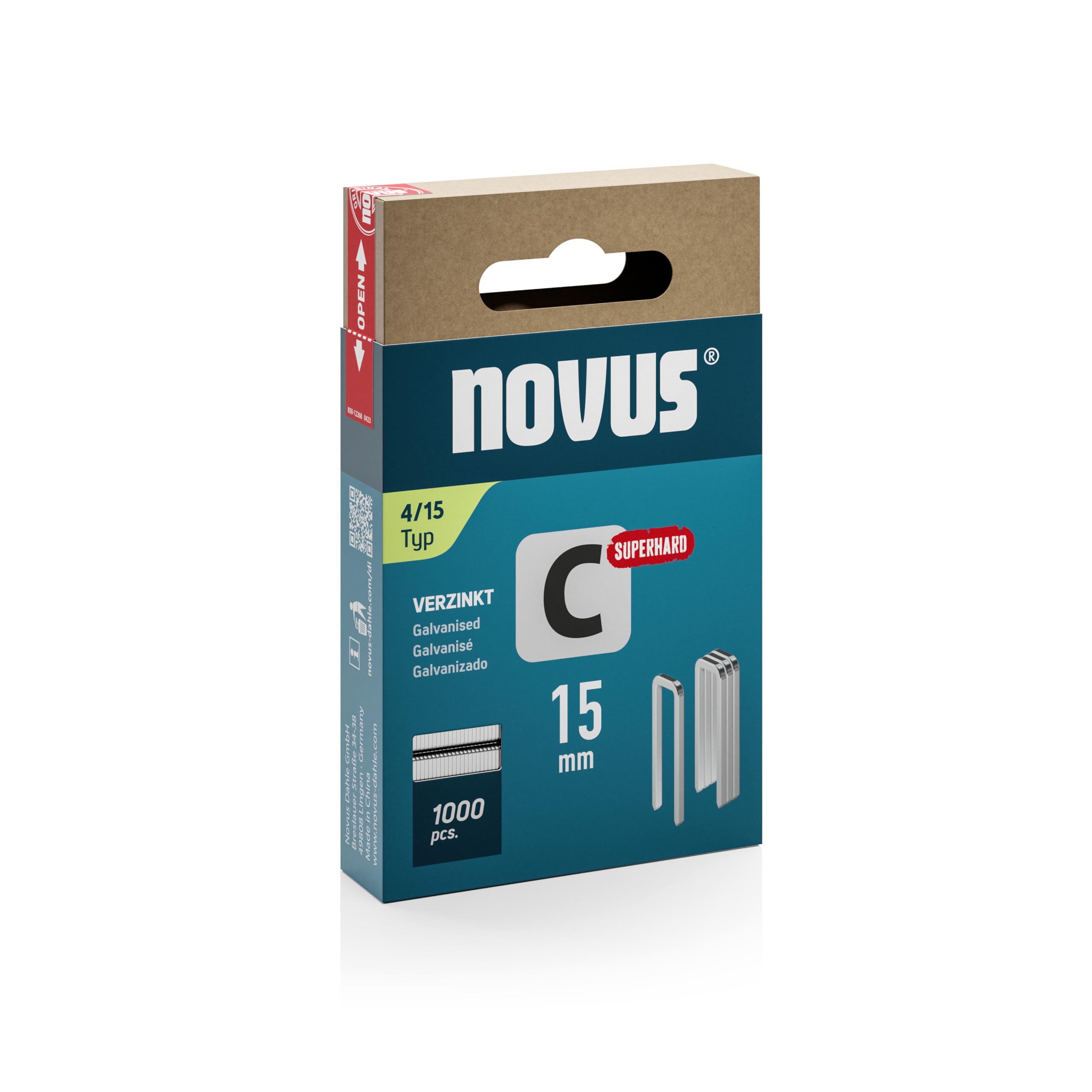 NOVUS TOOLS Narrow Spine Staples 15 mm "Super Hard", 1000 Staples Type 4/15, Sliding Box, Stapler for Profile Woods and Panels
