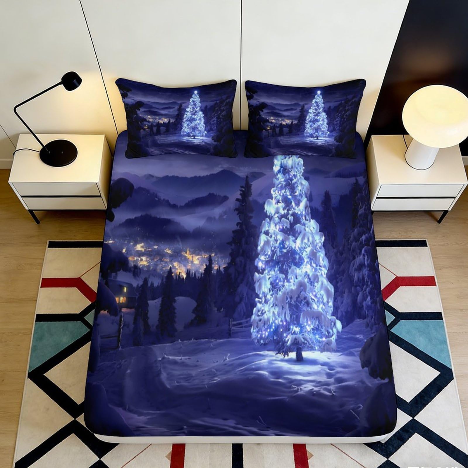 Pnayamiorkfel Style-2 3D Printed Snowy Night Landscape Fitted Sheet Microfiber Non Slip Protection Winter Christmas Tree Bed Cover For Bedroom Guest Room 90X200x25cm